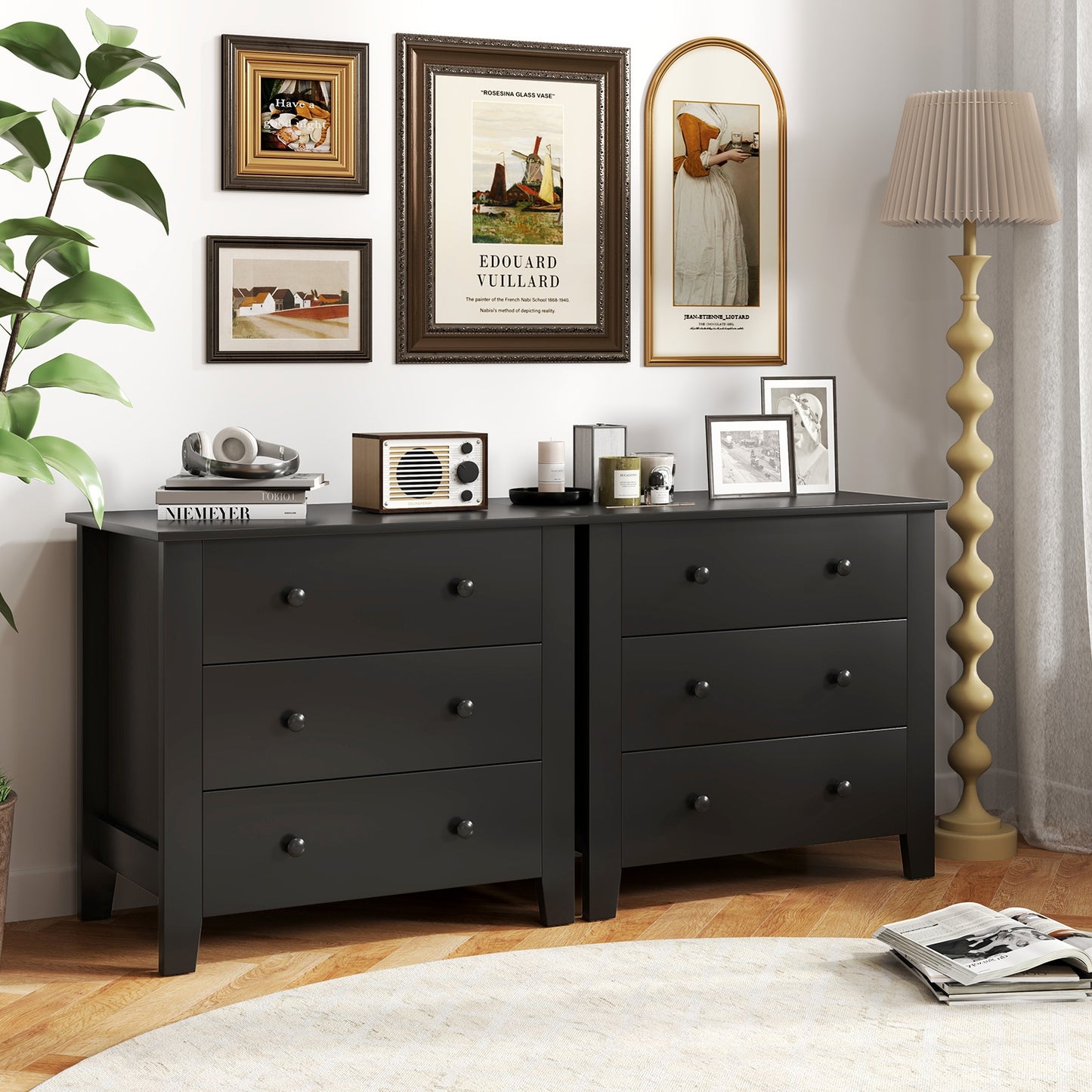 3 Drawer Dresser Chest of Drawers Bedside Table-Black Wood Grain