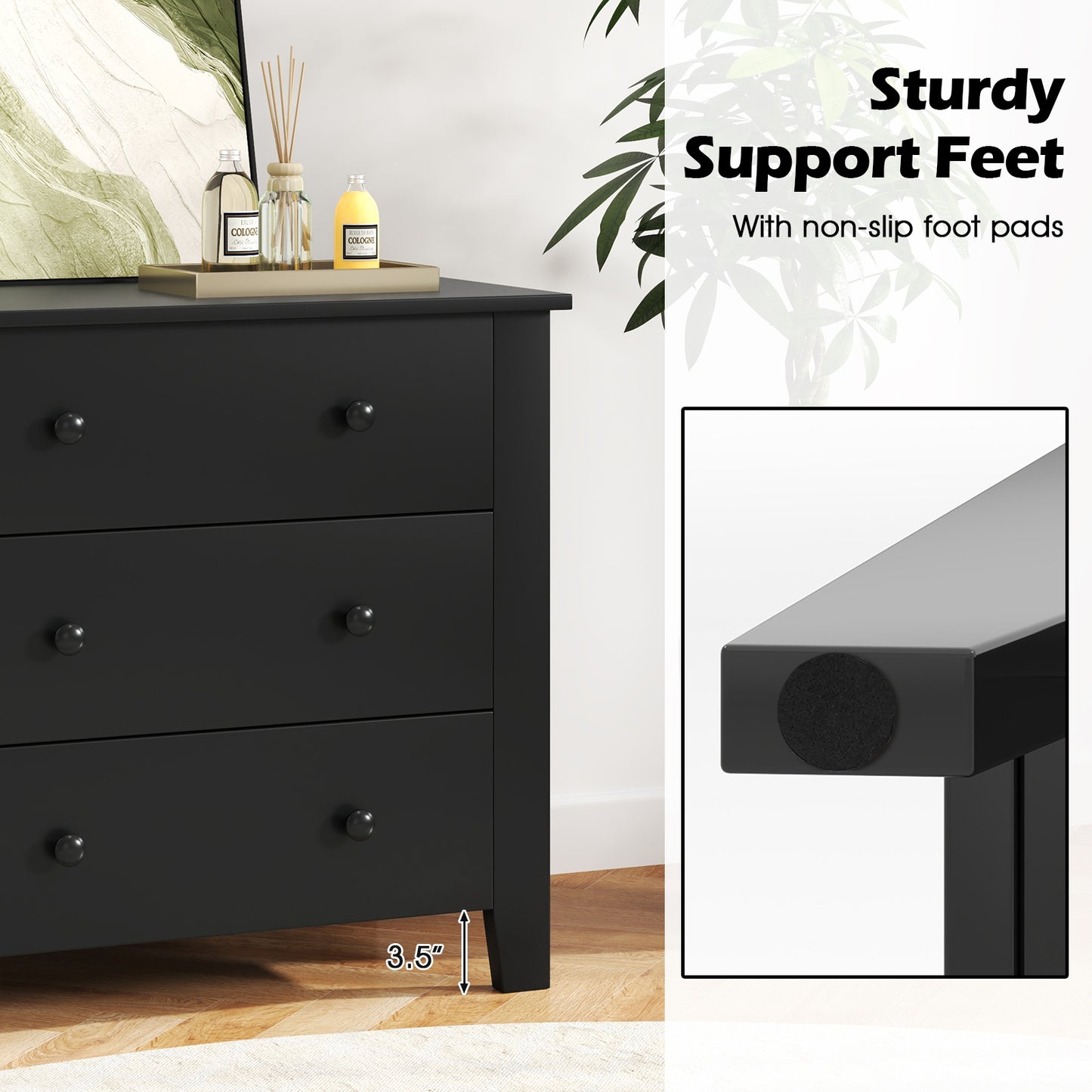 3 Drawer Dresser Chest of Drawers Bedside Table-Black Wood Grain Kids Crystal