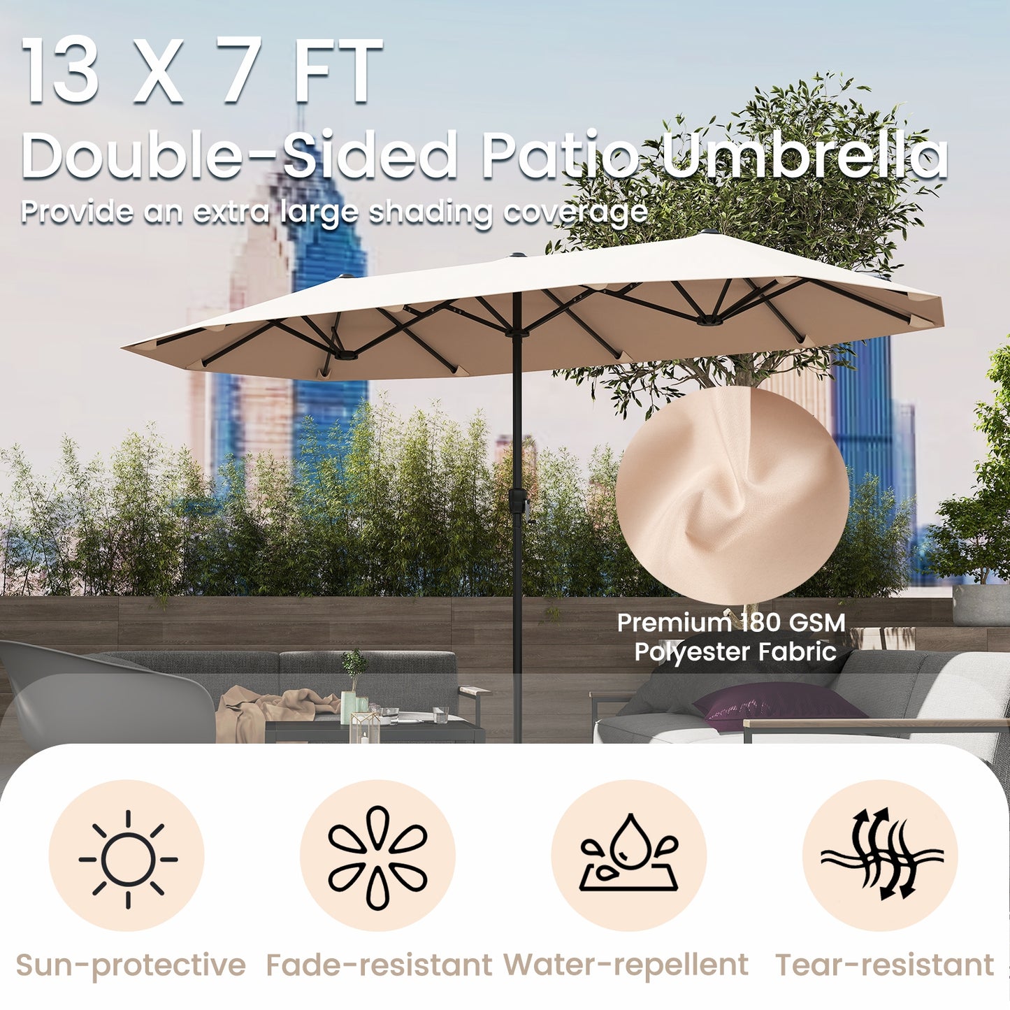 13 FT Large Patio Umbrella Outdoor Double-Sided Table Market Umbrella with Crank Handle-Beige Kids Crystal
