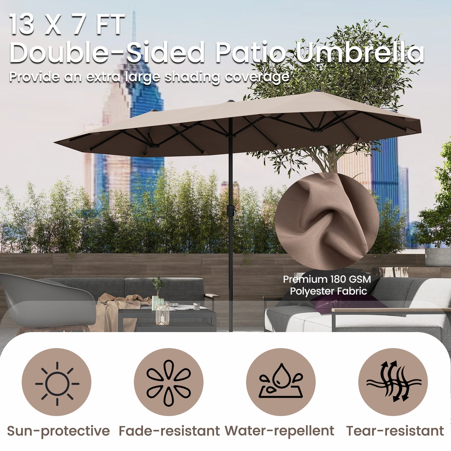 13 FT Large Patio Umbrella Outdoor Double-Sided Table Market Umbrella with Crank Handle-Coffee Kids Crystal