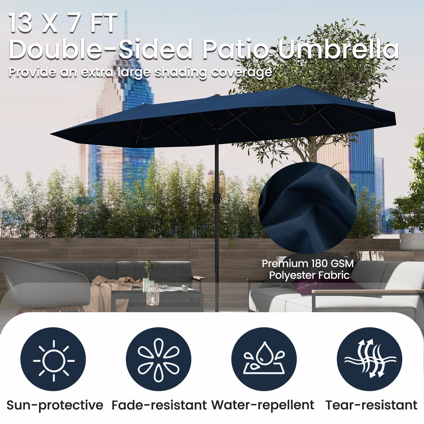 13 FT Large Patio Umbrella Outdoor Double-Sided Table Market Umbrella with Crank Handle-Navy Kids Crystal