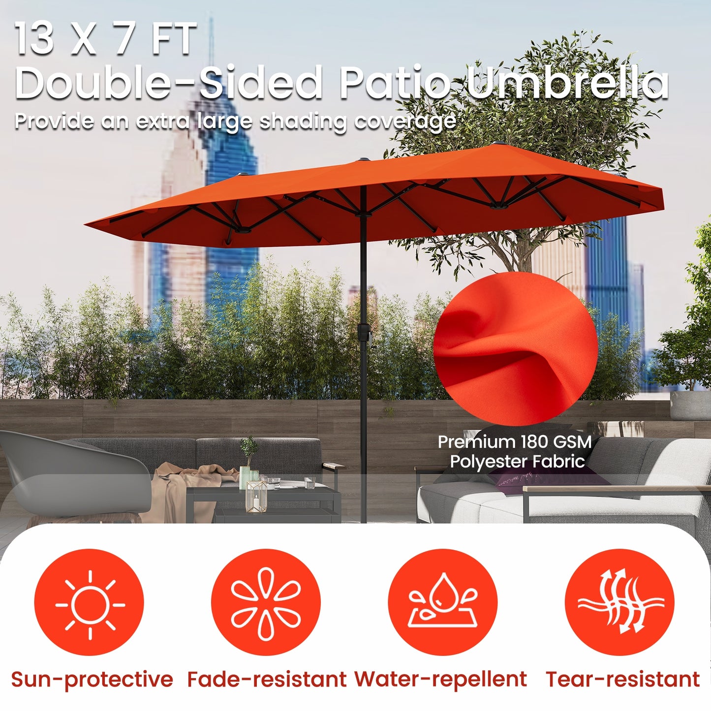 13 FT Large Patio Umbrella Outdoor Double-Sided Table Market Umbrella with Crank Handle-Orange Kids Crystal
