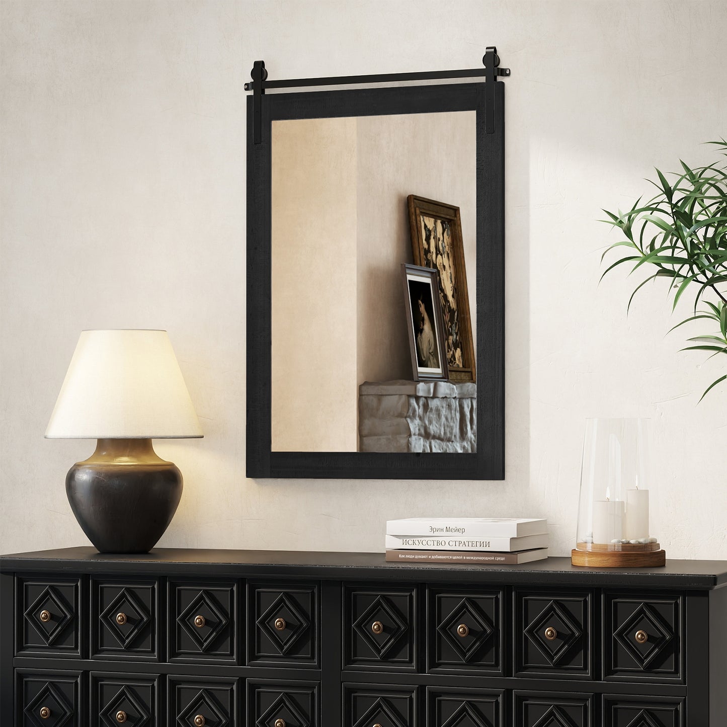 Rustic Wood Frame Barn Door Style Farmhouse Wall Mirror-Black Kids Crystal