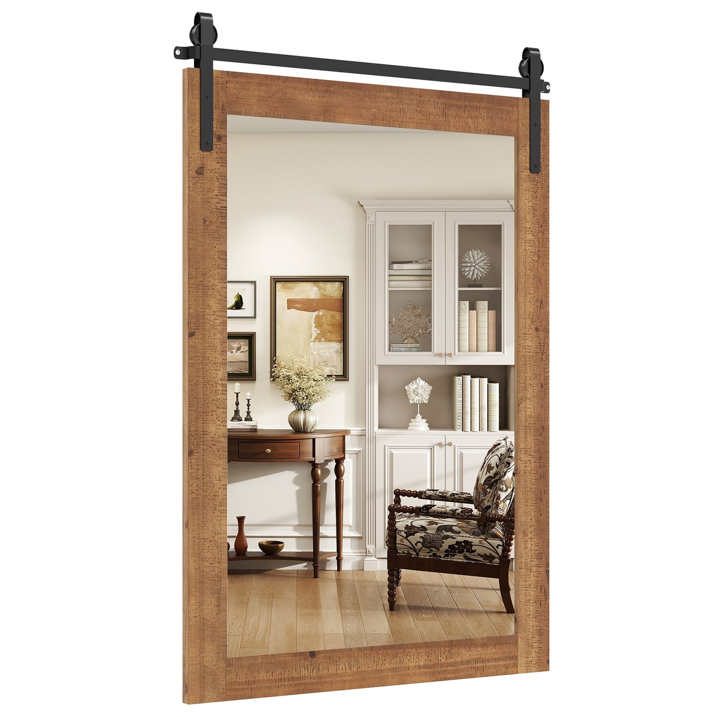 Rustic Wood Frame Barn Door Style Farmhouse Wall Mirror-Brown Kids Crystal