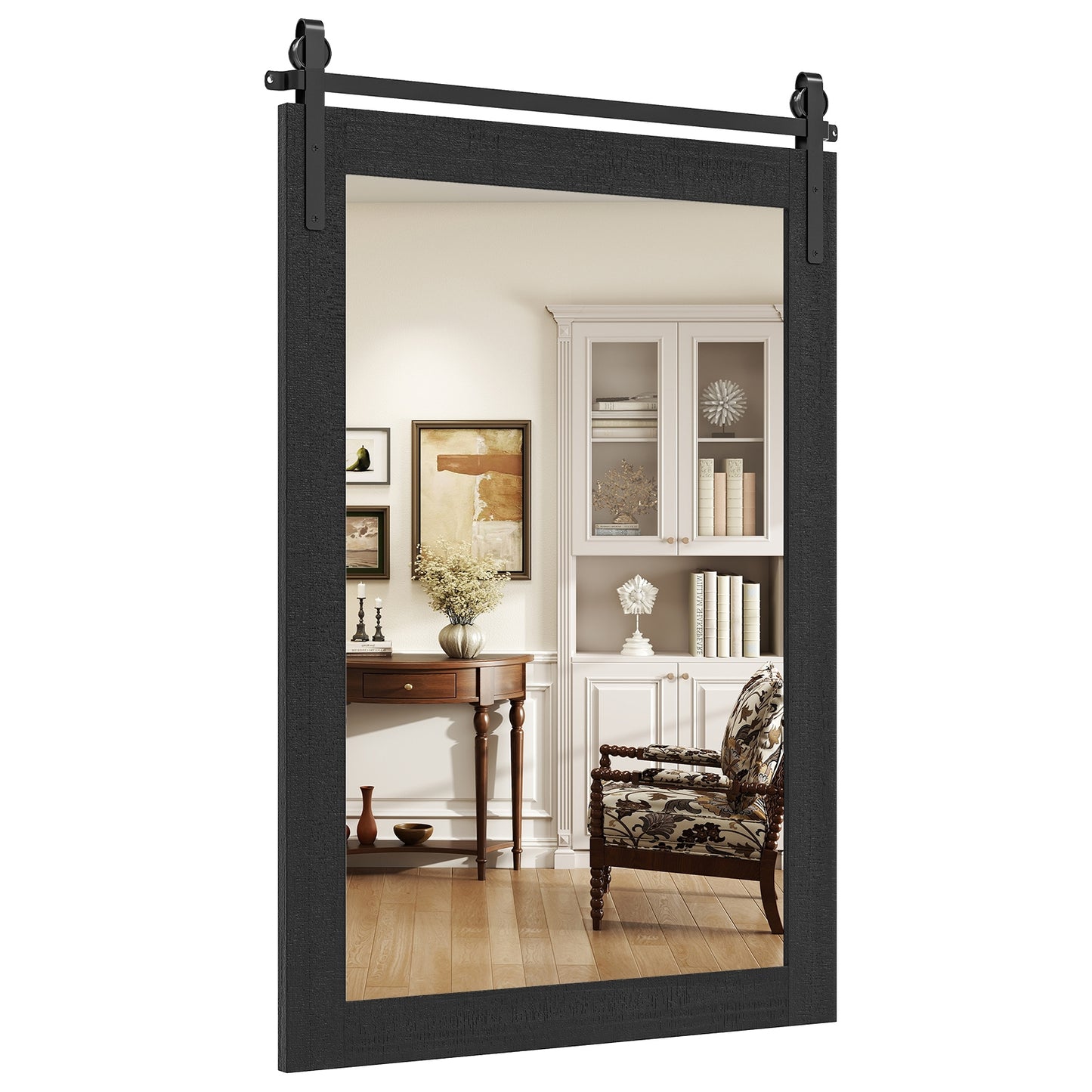 Rustic Wood Frame Barn Door Style Farmhouse Wall Mirror-Black Kids Crystal