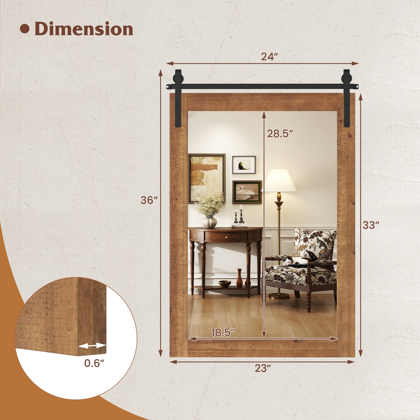 Rustic Wood Frame Barn Door Style Farmhouse Wall Mirror-Brown Kids Crystal