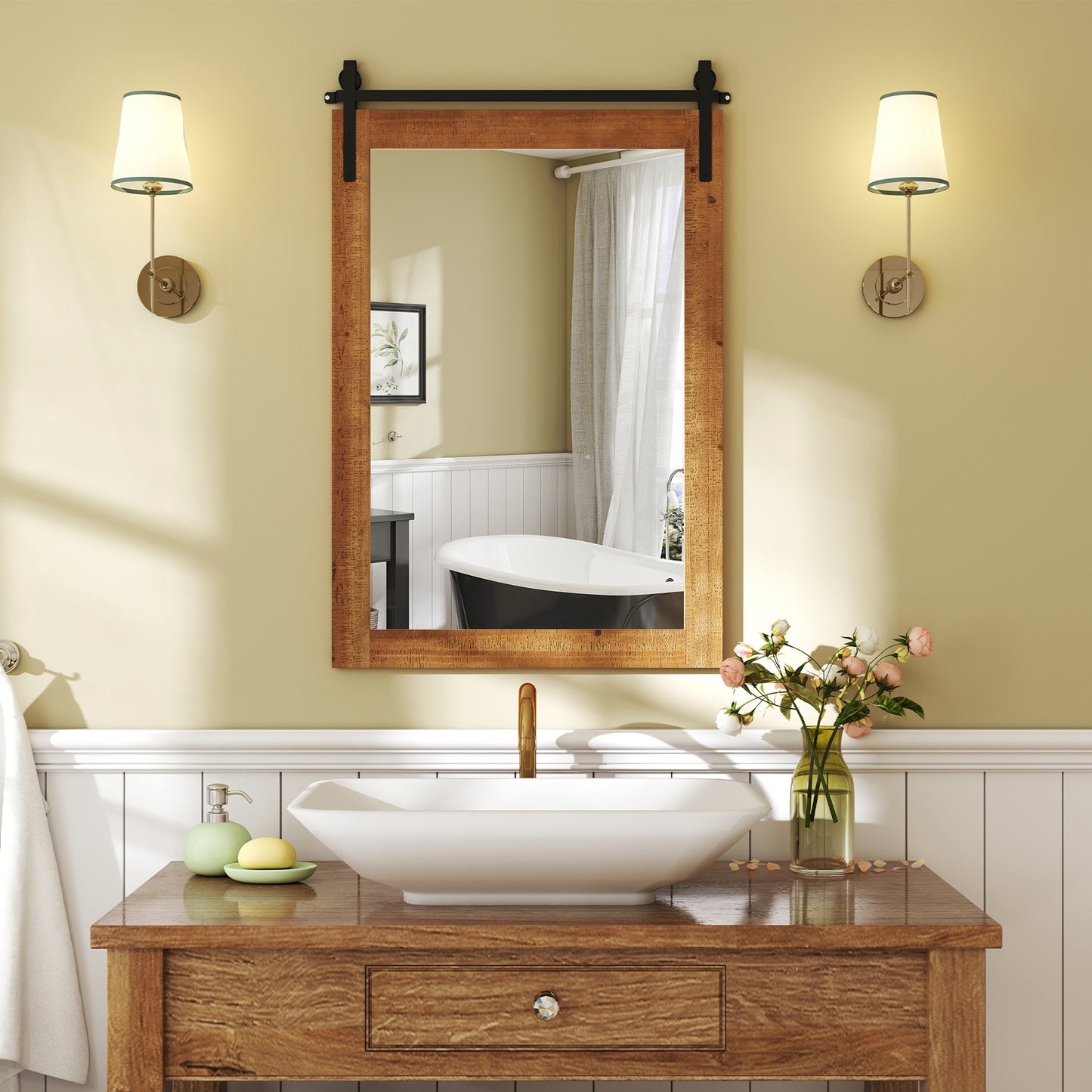 Rustic Wood Frame Barn Door Style Farmhouse Wall Mirror-Brown Kids Crystal