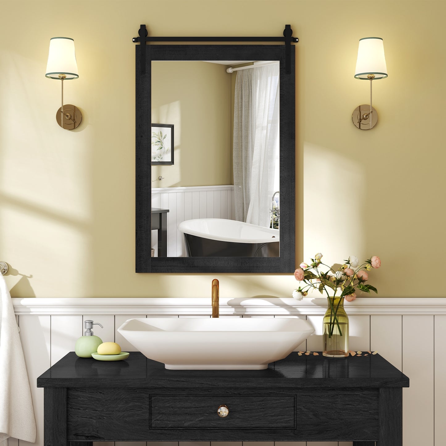 Rustic Wood Frame Barn Door Style Farmhouse Wall Mirror-Black Kids Crystal