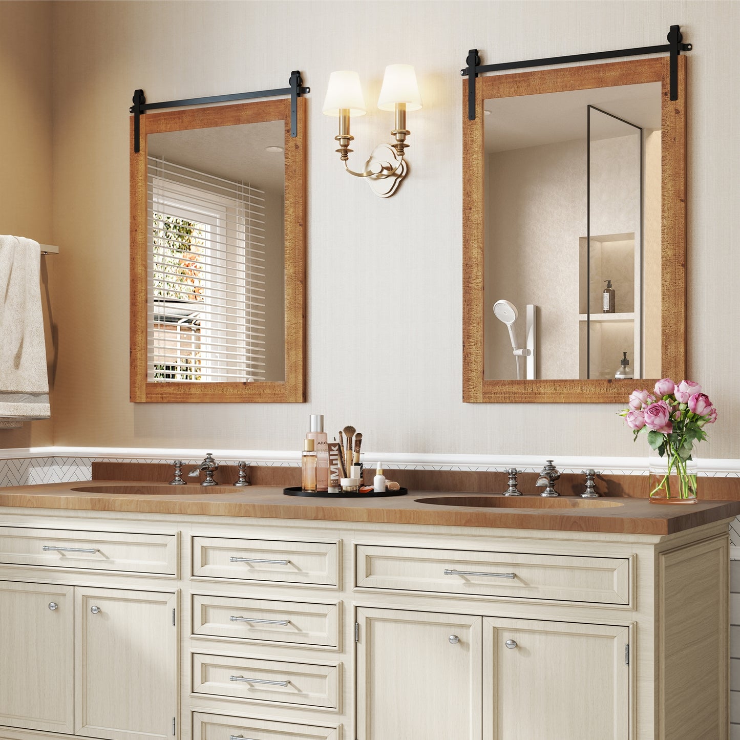 Rustic Wood Frame Barn Door Style Farmhouse Wall Mirror-Brown Kids Crystal