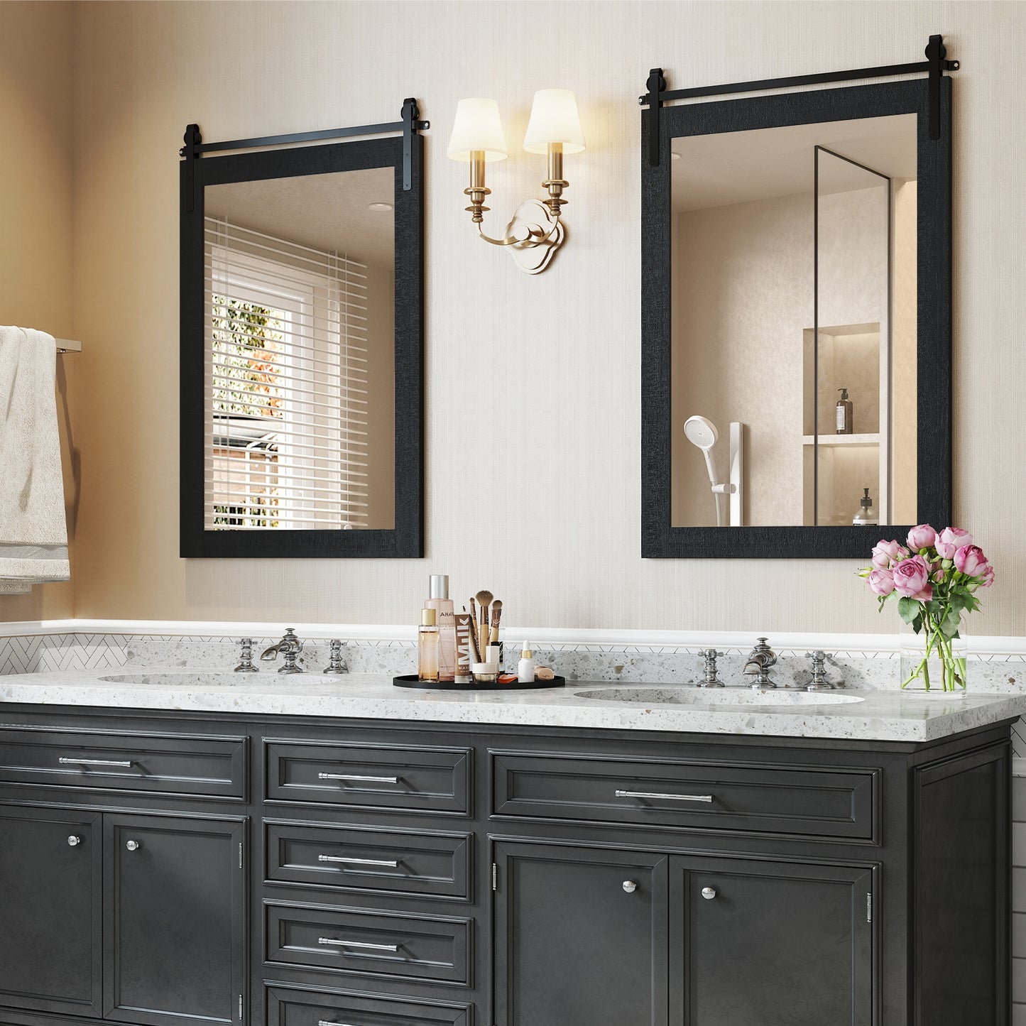 Rustic Wood Frame Barn Door Style Farmhouse Wall Mirror-Black Kids Crystal