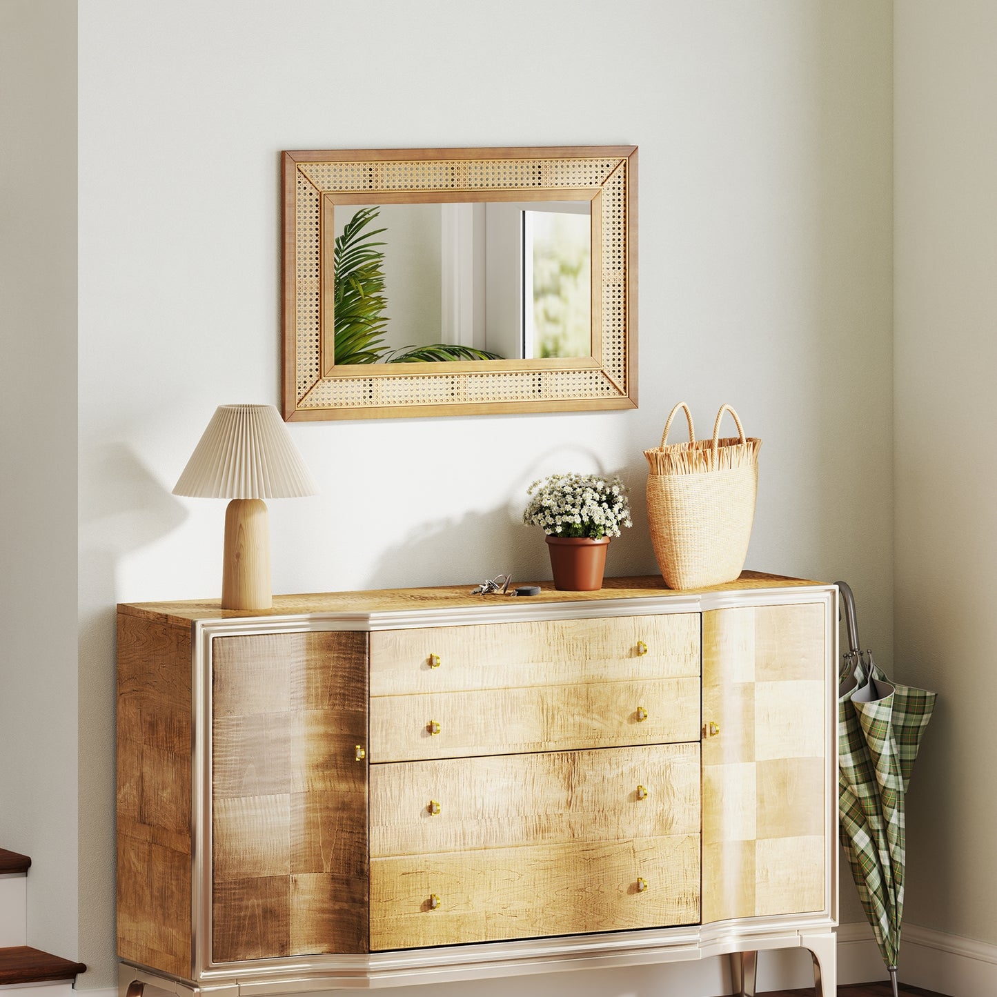 Rattan Decorative Wall Mirror with Wooden Frame for Bathroom and Living Room-Natural Kids Crystal