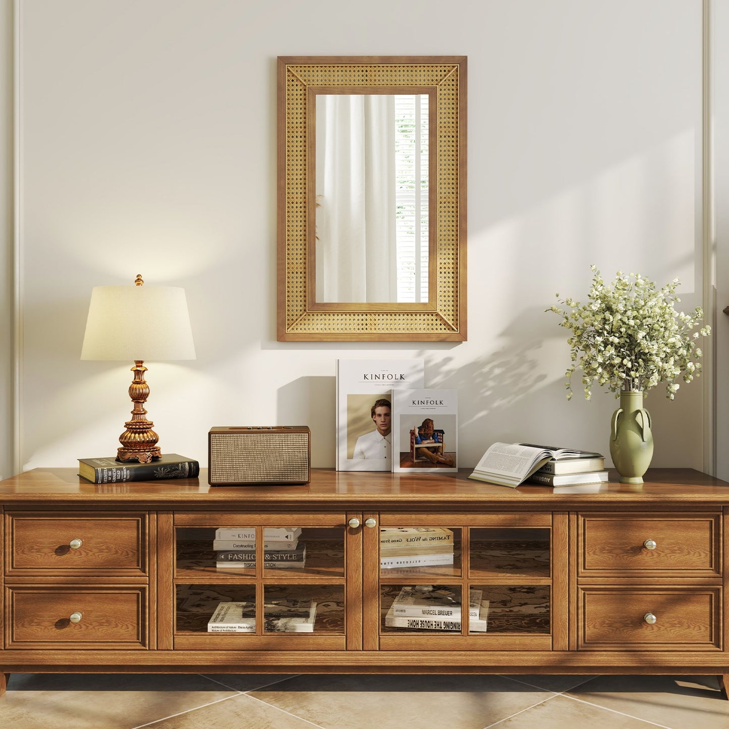 Rattan Decorative Wall Mirror with Wooden Frame for Bathroom and Living Room-Natural Kids Crystal