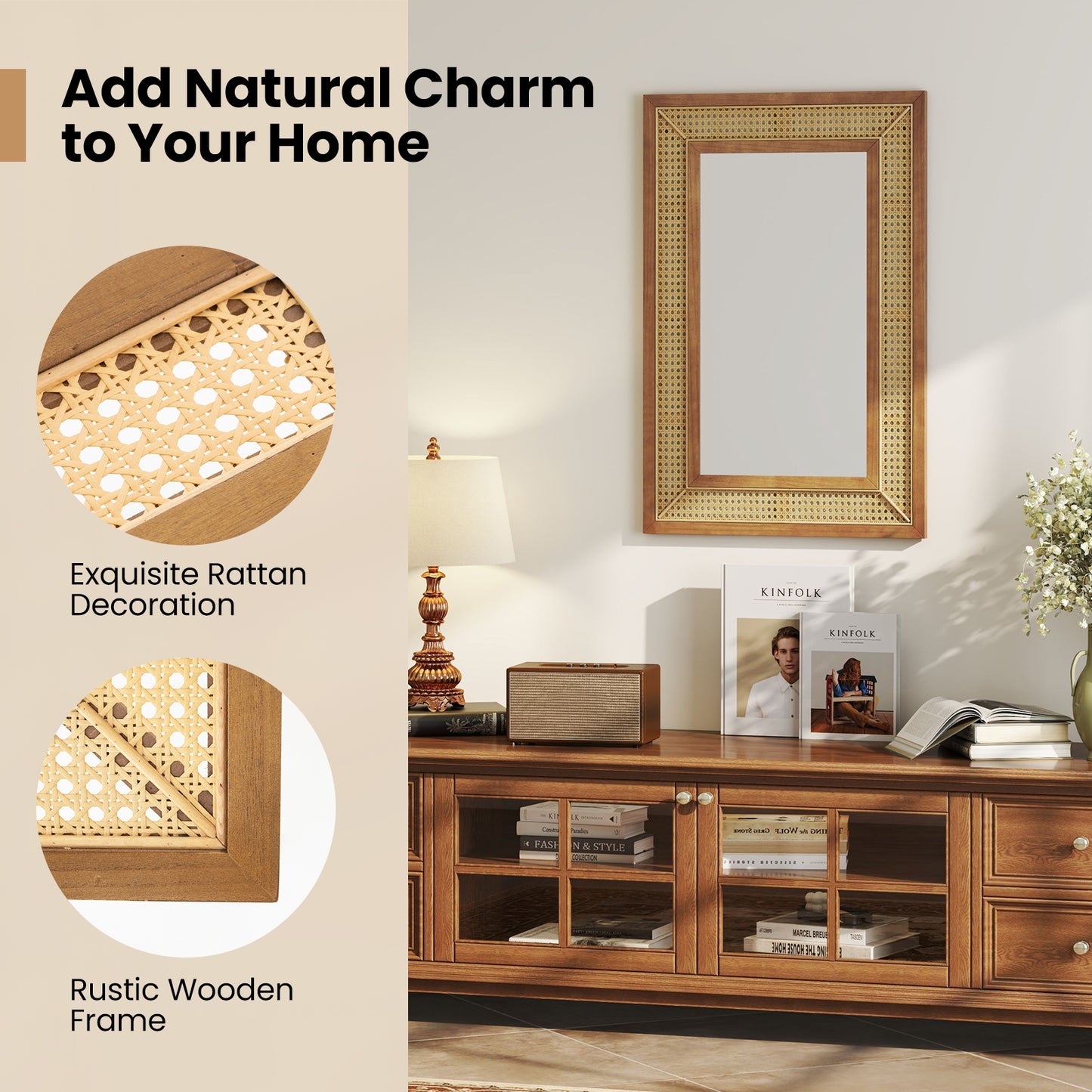 Rattan Decorative Wall Mirror with Wooden Frame for Bathroom and Living Room-Natural Kids Crystal