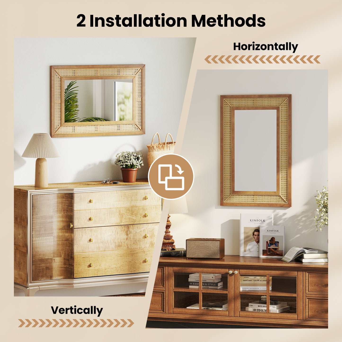 Rattan Decorative Wall Mirror with Wooden Frame for Bathroom and Living Room-Natural Kids Crystal