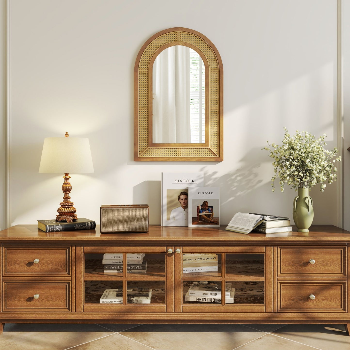 35.5 Inches x 23.5 Inches Rattan Wall Mounted Decorative Mirror with Wooden Frame-Natural Kids Crystal