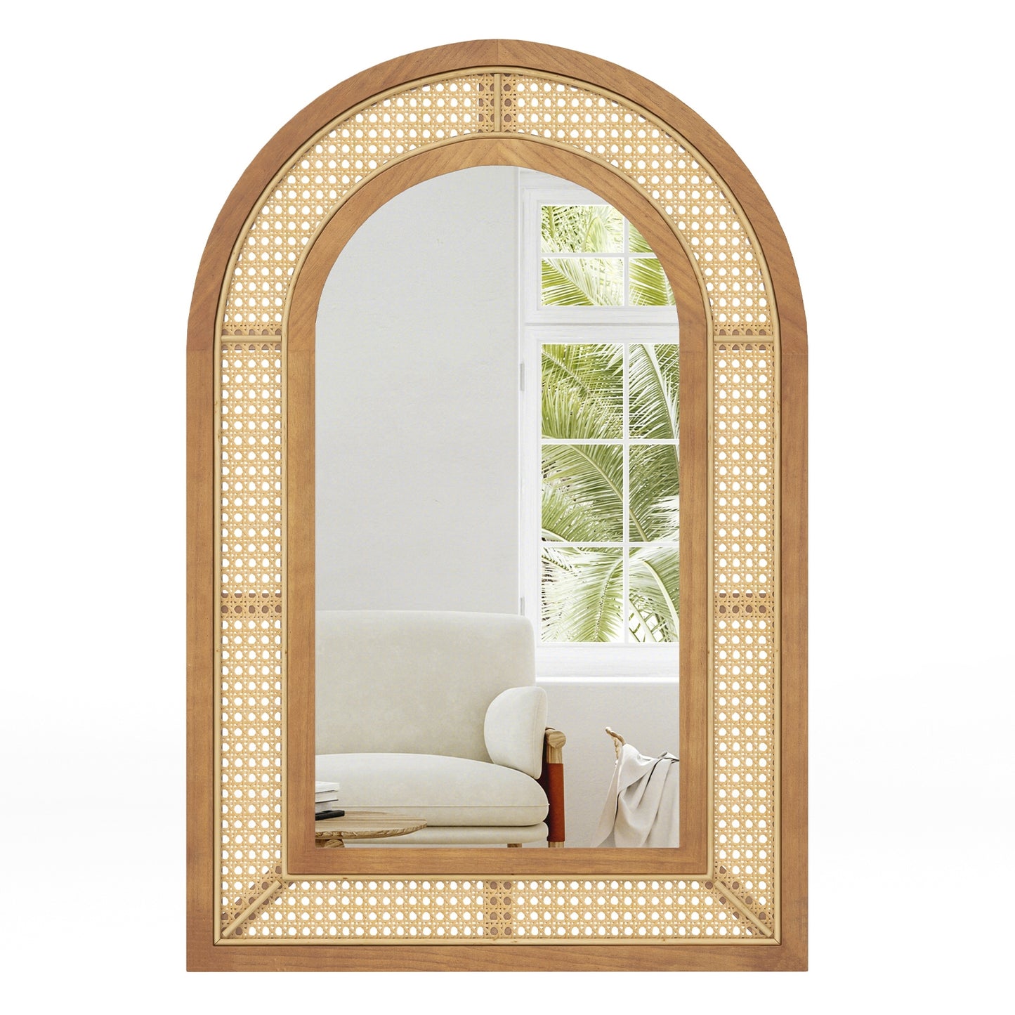 35.5 Inches x 23.5 Inches Rattan Wall Mounted Decorative Mirror with Wooden Frame-Natural Kids Crystal