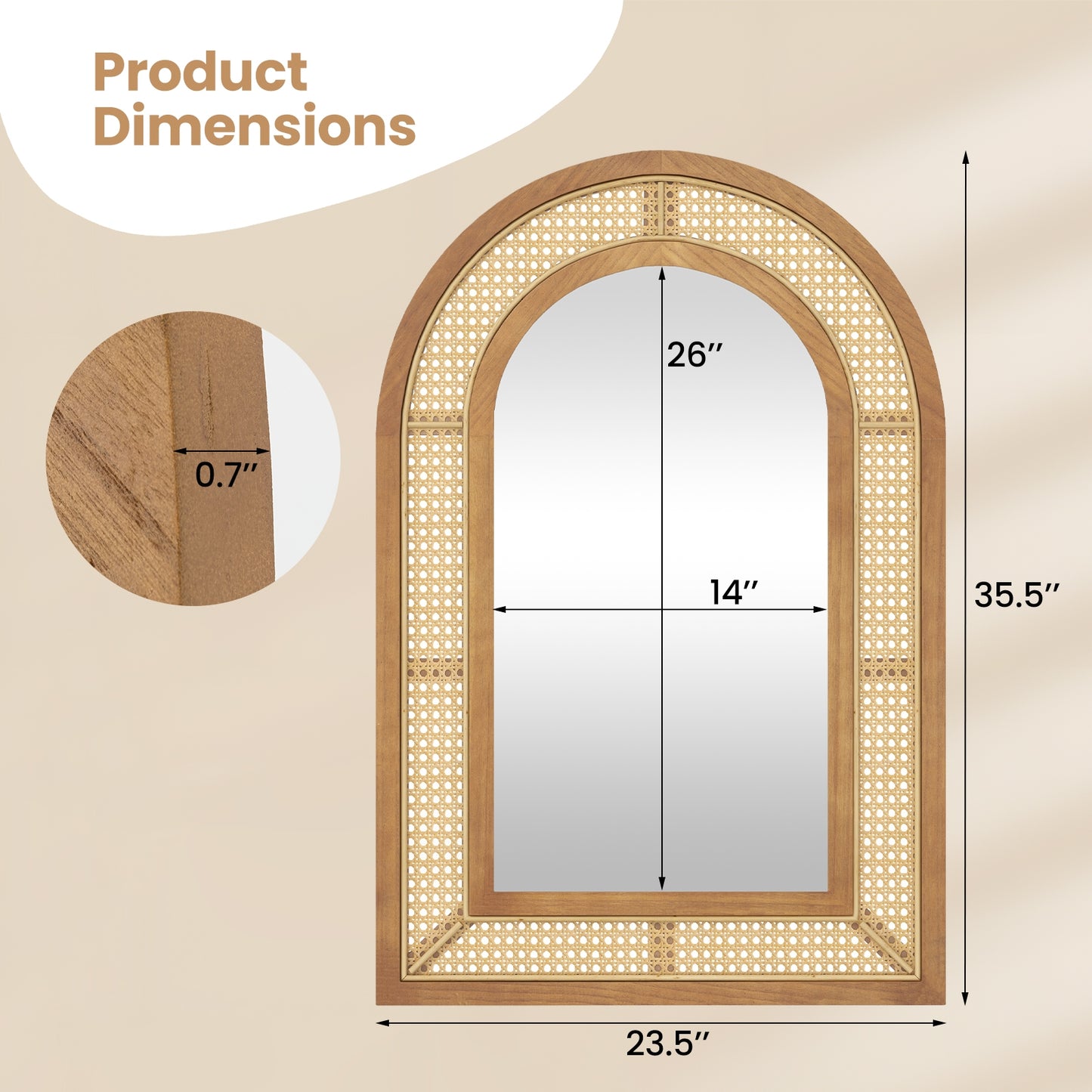 35.5 Inches x 23.5 Inches Rattan Wall Mounted Decorative Mirror with Wooden Frame-Natural Kids Crystal