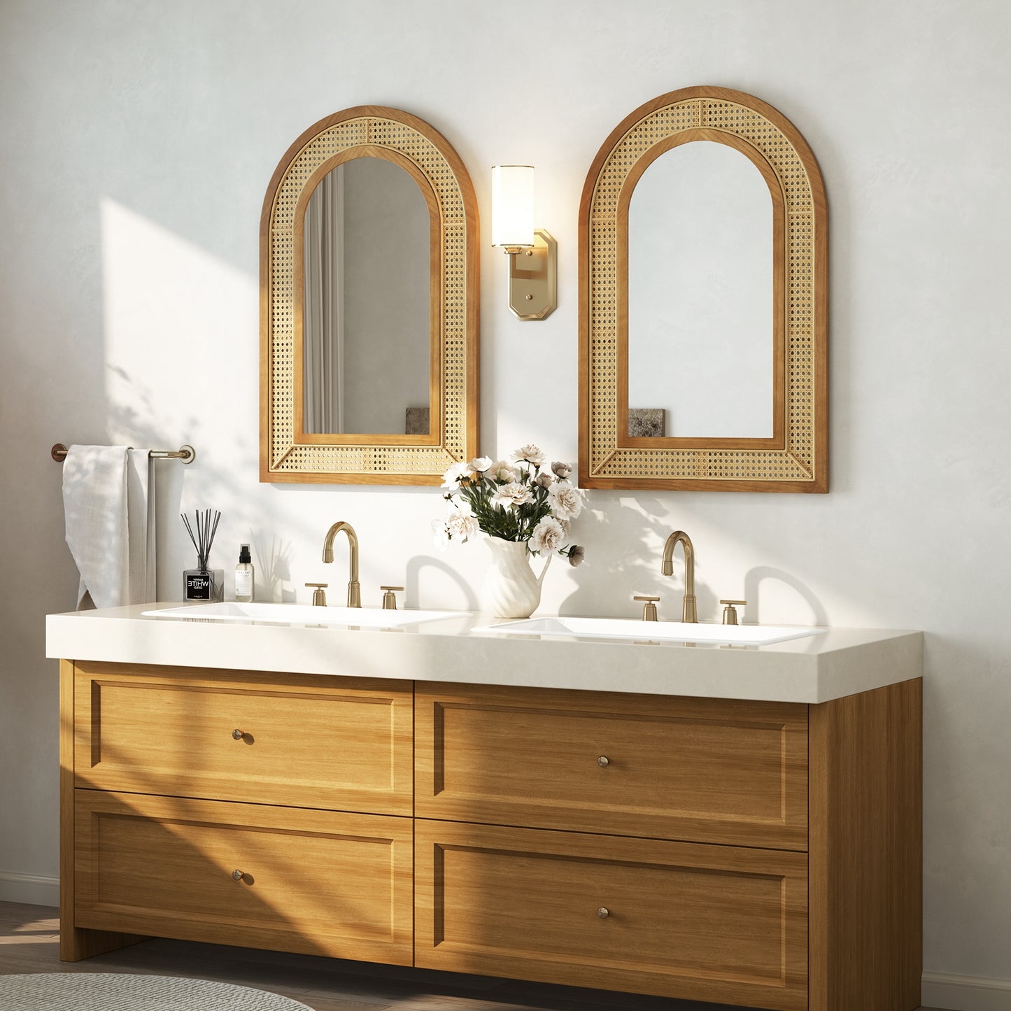 35.5 Inches x 23.5 Inches Rattan Wall Mounted Decorative Mirror with Wooden Frame-Natural Kids Crystal