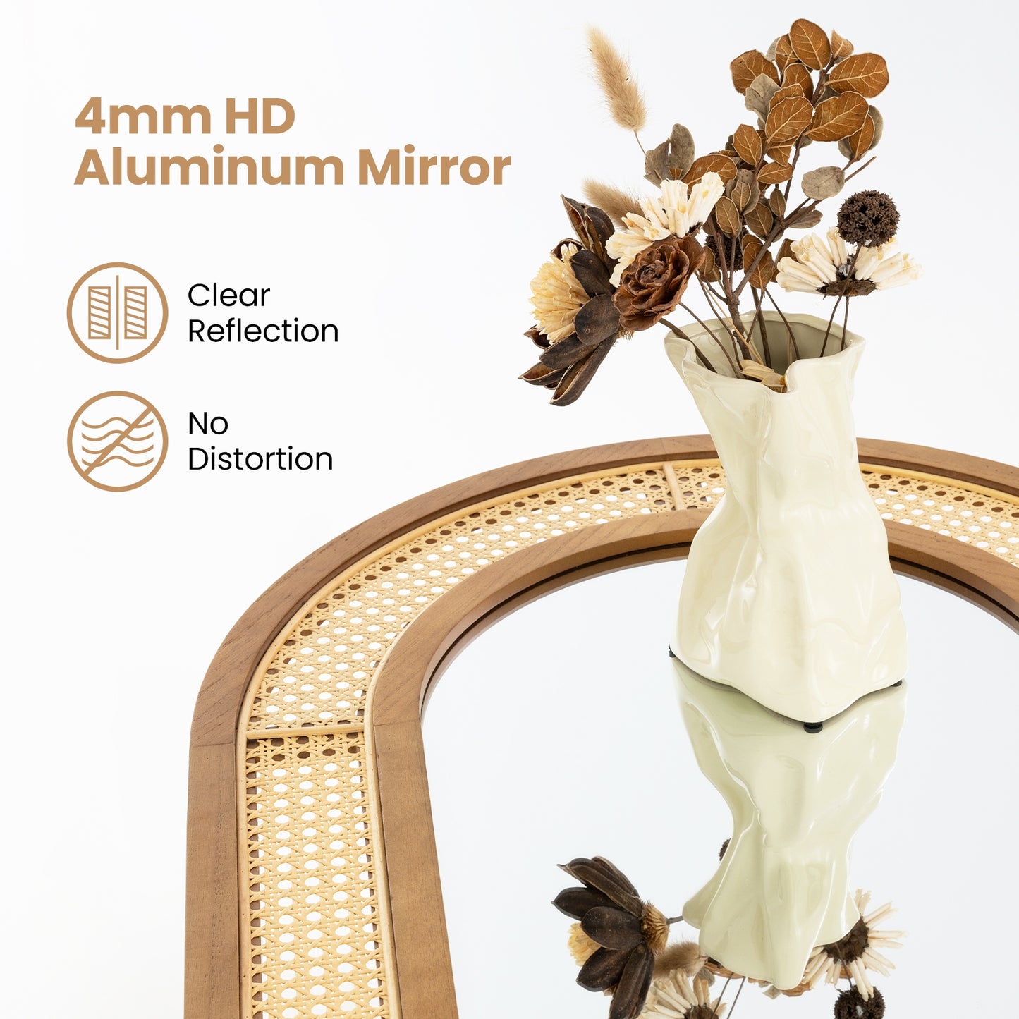 35.5 Inches x 23.5 Inches Rattan Wall Mounted Decorative Mirror with Wooden Frame-Natural Kids Crystal