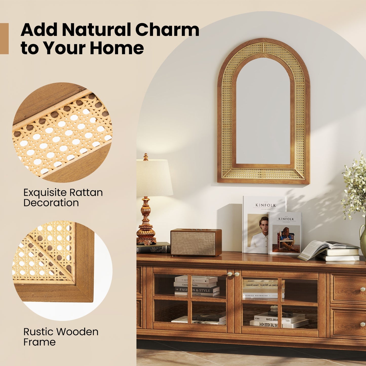 35.5 Inches x 23.5 Inches Rattan Wall Mounted Decorative Mirror with Wooden Frame-Natural Kids Crystal