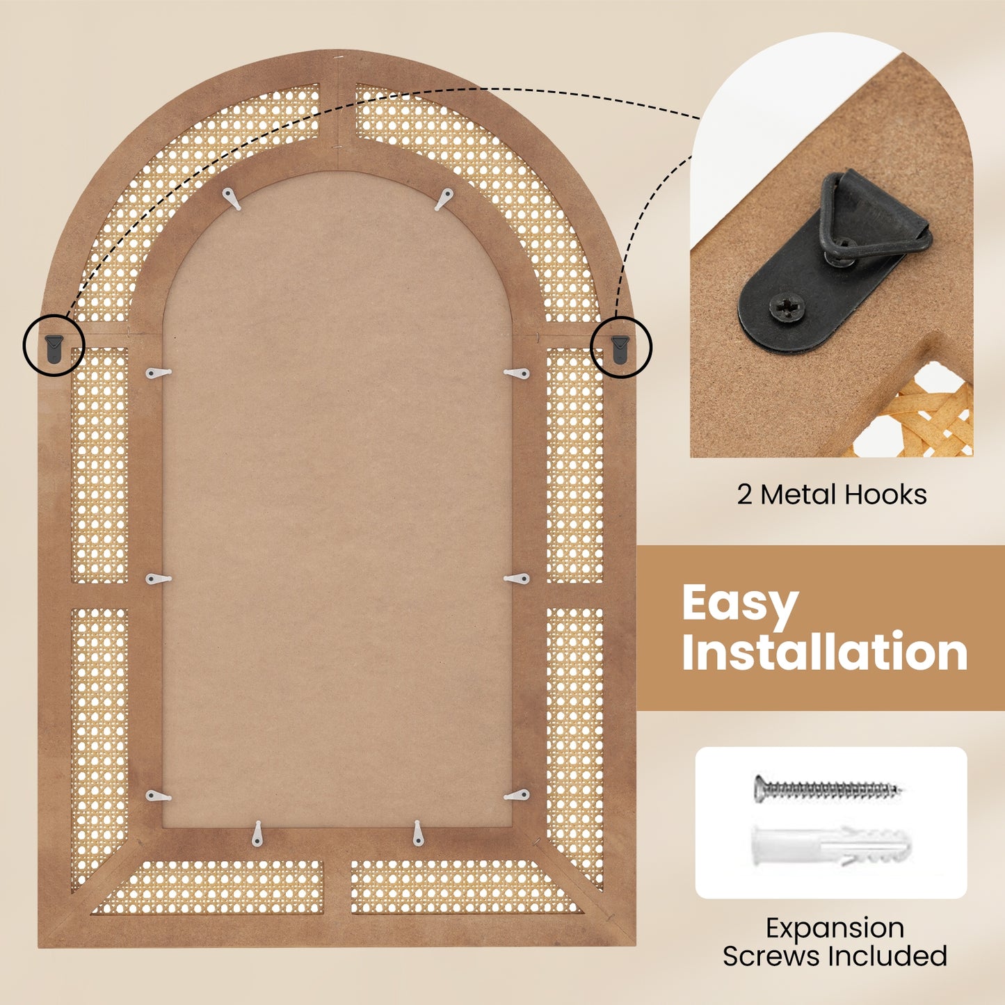 35.5 Inches x 23.5 Inches Rattan Wall Mounted Decorative Mirror with Wooden Frame-Natural Kids Crystal