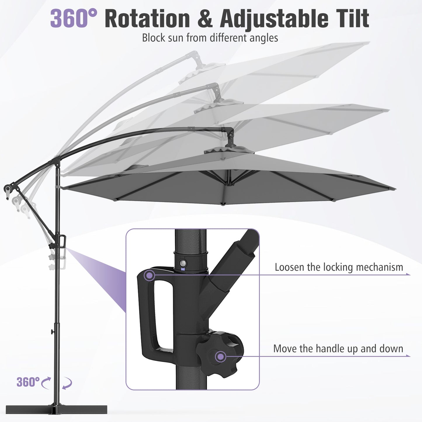 10 Feet Offset Hanging Umbrella with Base and Infinite Tilt-Gray Kids Crystal