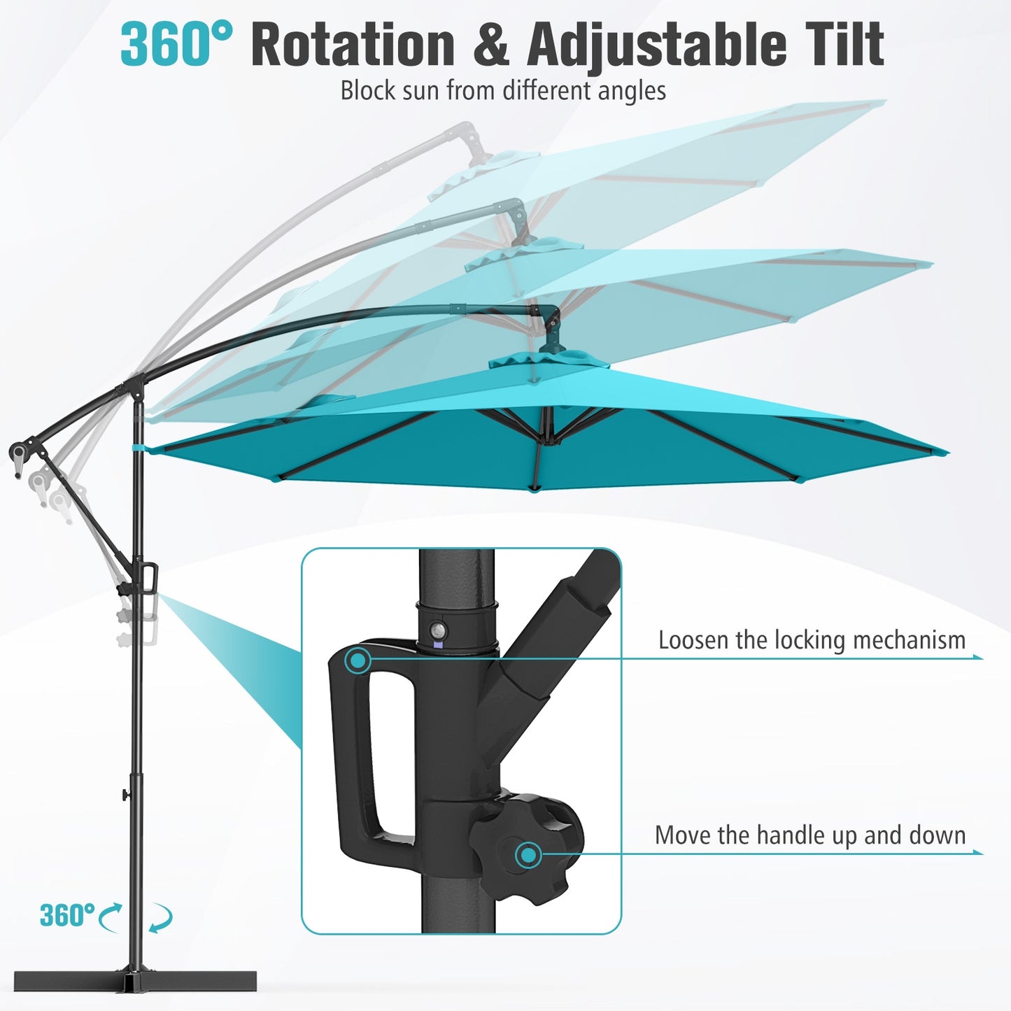 10 Feet Offset Hanging Umbrella with Base and Infinite Tilt-Turquoise Kids Crystal