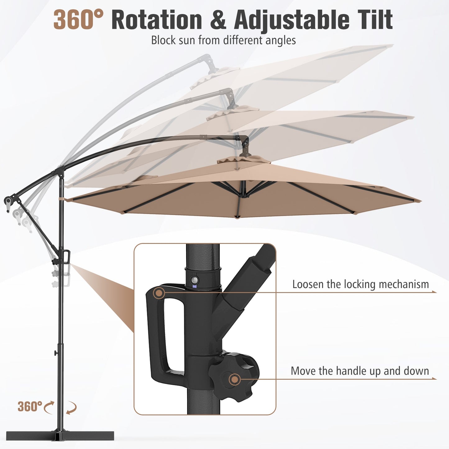 10 Feet Offset Hanging Umbrella with Base and Infinite Tilt-Coffee Kids Crystal
