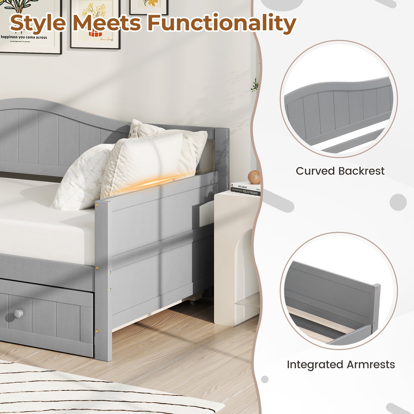 Twin Size Daybed with Trundle and Slats Support on Wheels-Gray Kids Crystal