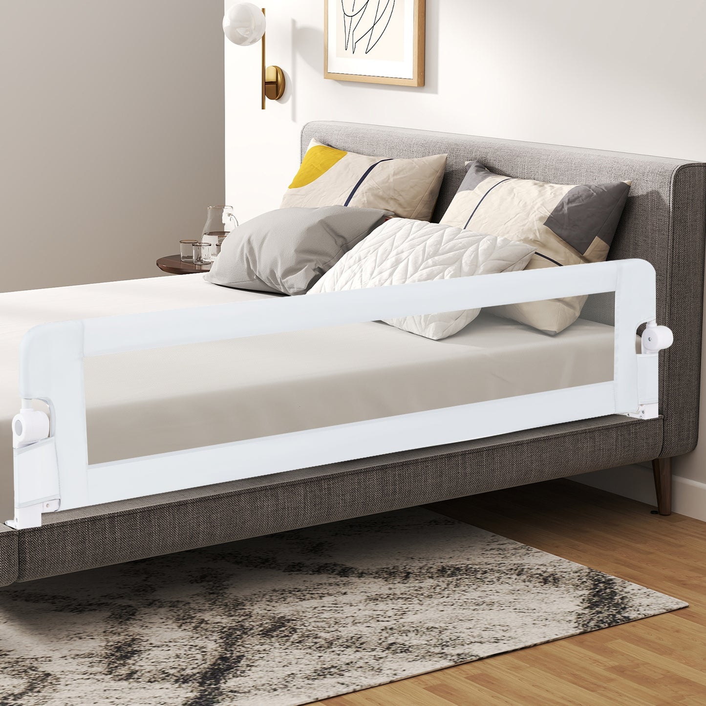 71-Inch Foldable Bed Rail Swing Down Baby Bed Guard Rail with Adjustable Safety Strap-White Kids Crystal