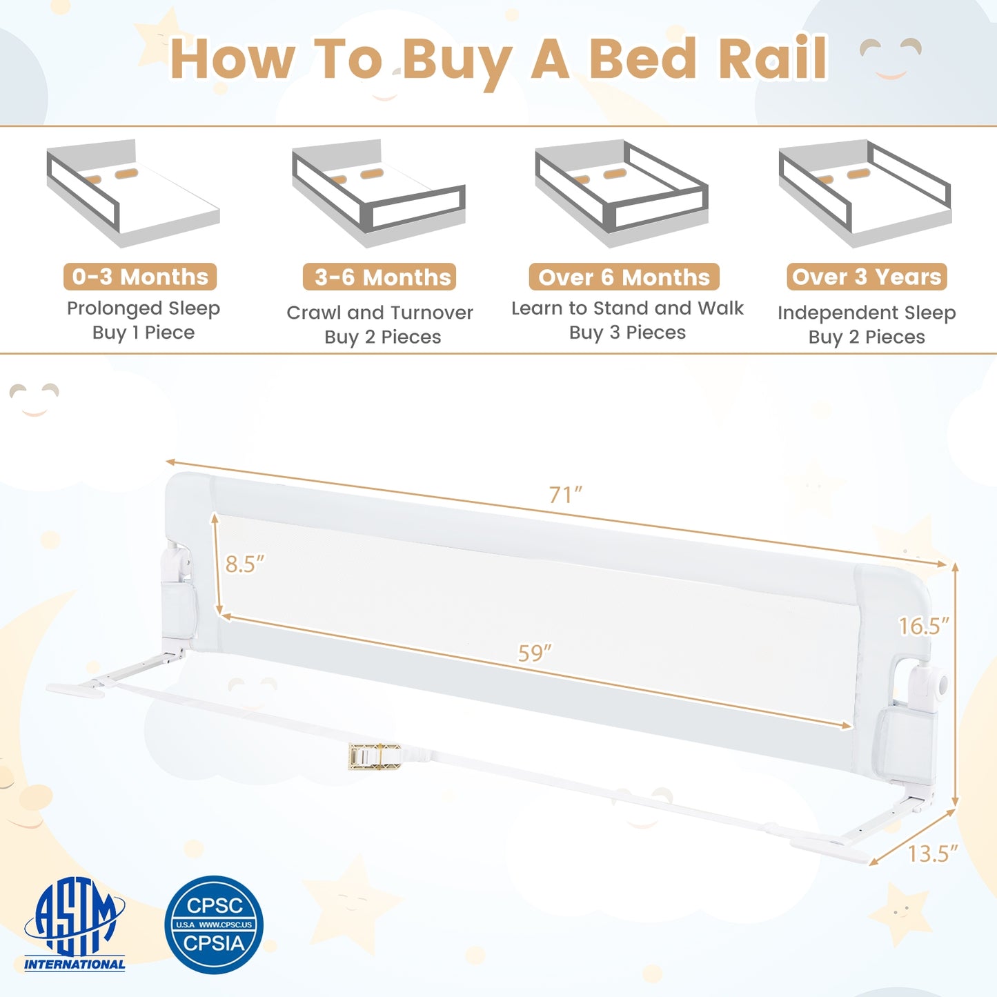 71-Inch Foldable Bed Rail Swing Down Baby Bed Guard Rail with Adjustable Safety Strap-White Kids Crystal