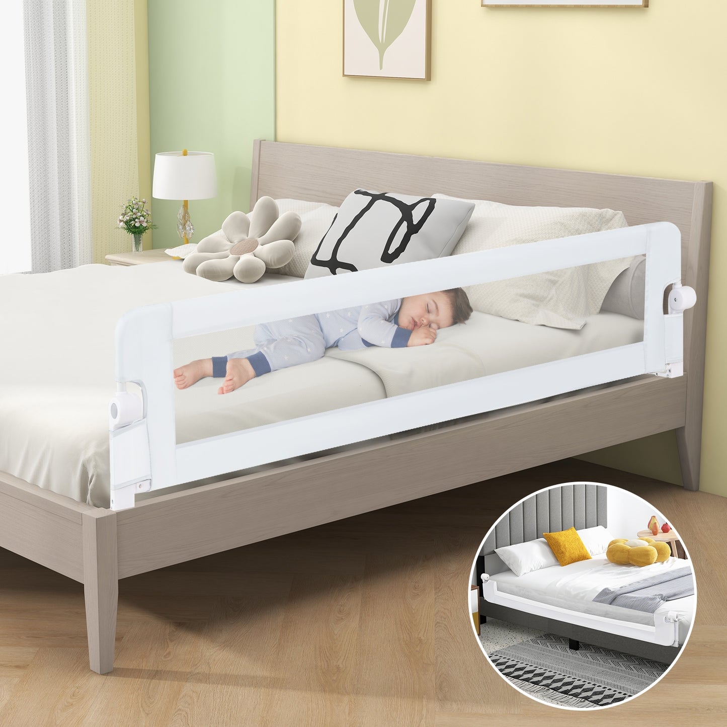 71-Inch Foldable Bed Rail Swing Down Baby Bed Guard Rail with Adjustable Safety Strap-White Kids Crystal