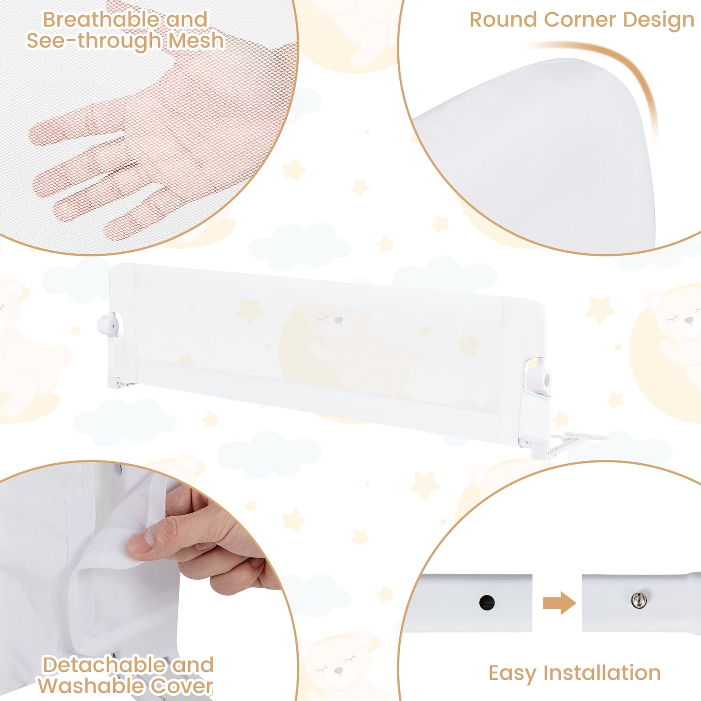 71-Inch Foldable Bed Rail Swing Down Baby Bed Guard Rail with Adjustable Safety Strap-White Kids Crystal