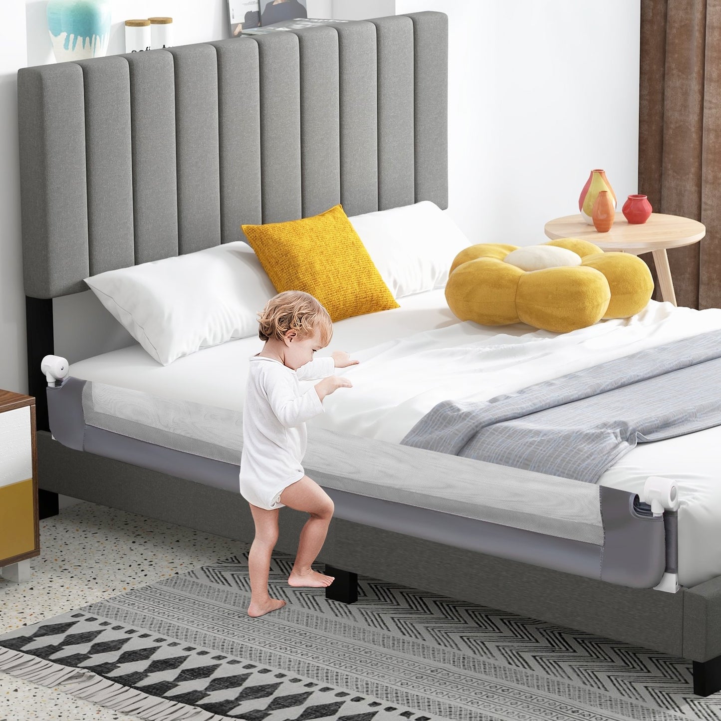 71-Inch Foldable Bed Rail Swing Down Baby Bed Guard Rail with Adjustable Safety Strap-Gray Kids Crystal