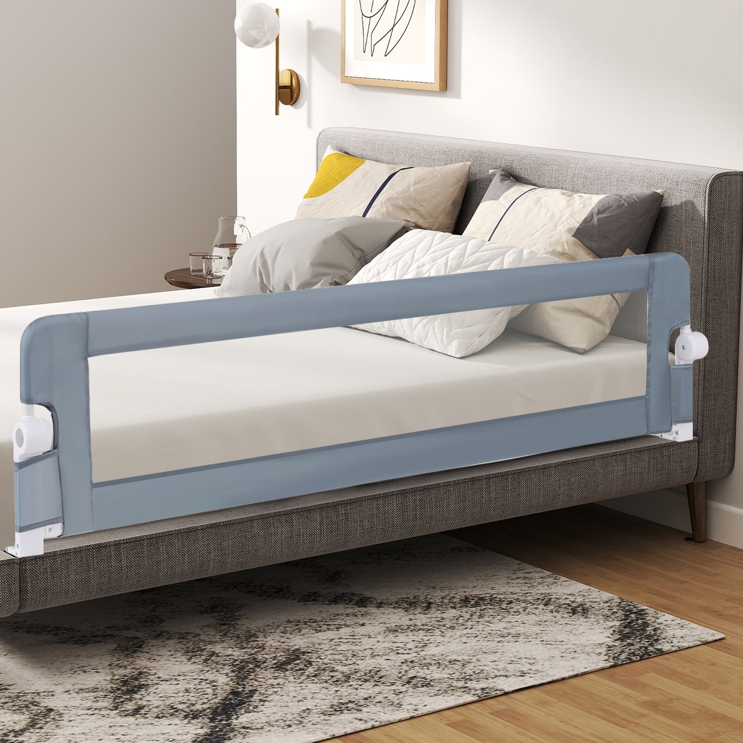 71-Inch Foldable Bed Rail Swing Down Baby Bed Guard Rail with Adjustable Safety Strap-Gray Kids Crystal