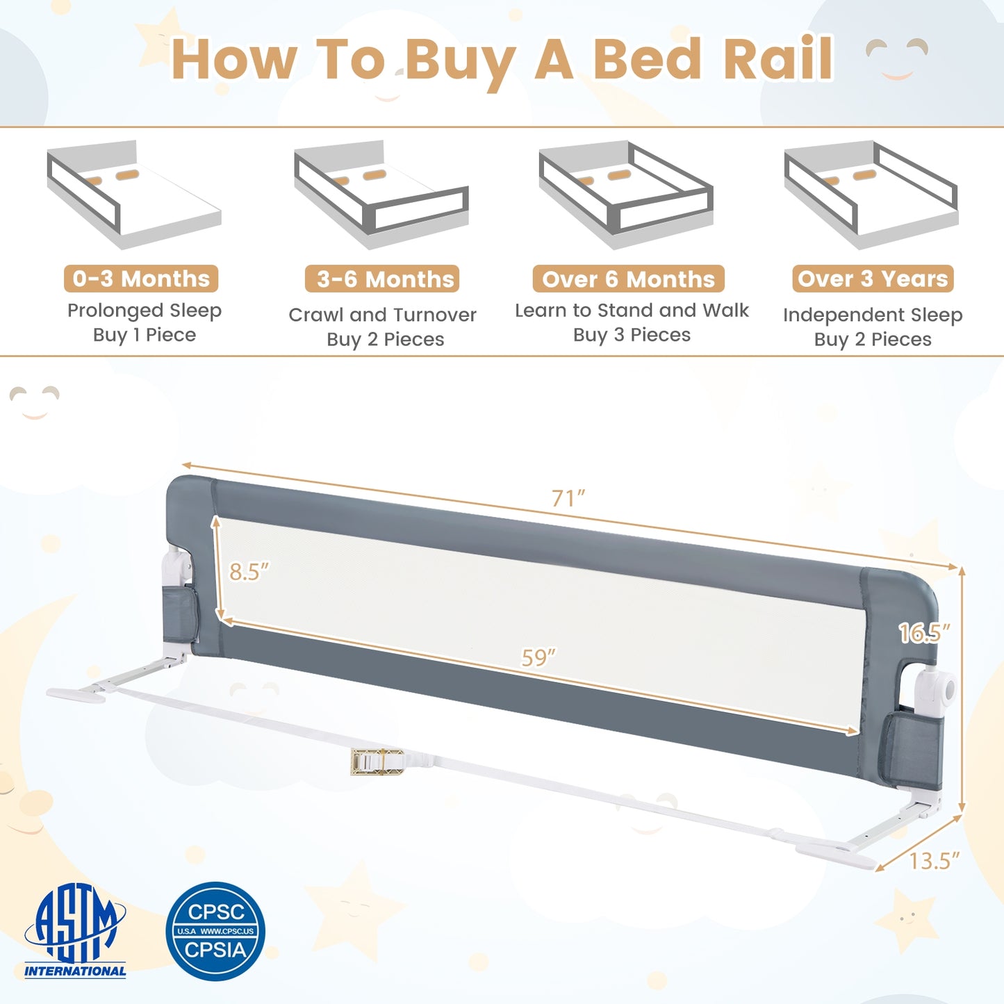 71-Inch Foldable Bed Rail Swing Down Baby Bed Guard Rail with Adjustable Safety Strap-Gray Kids Crystal