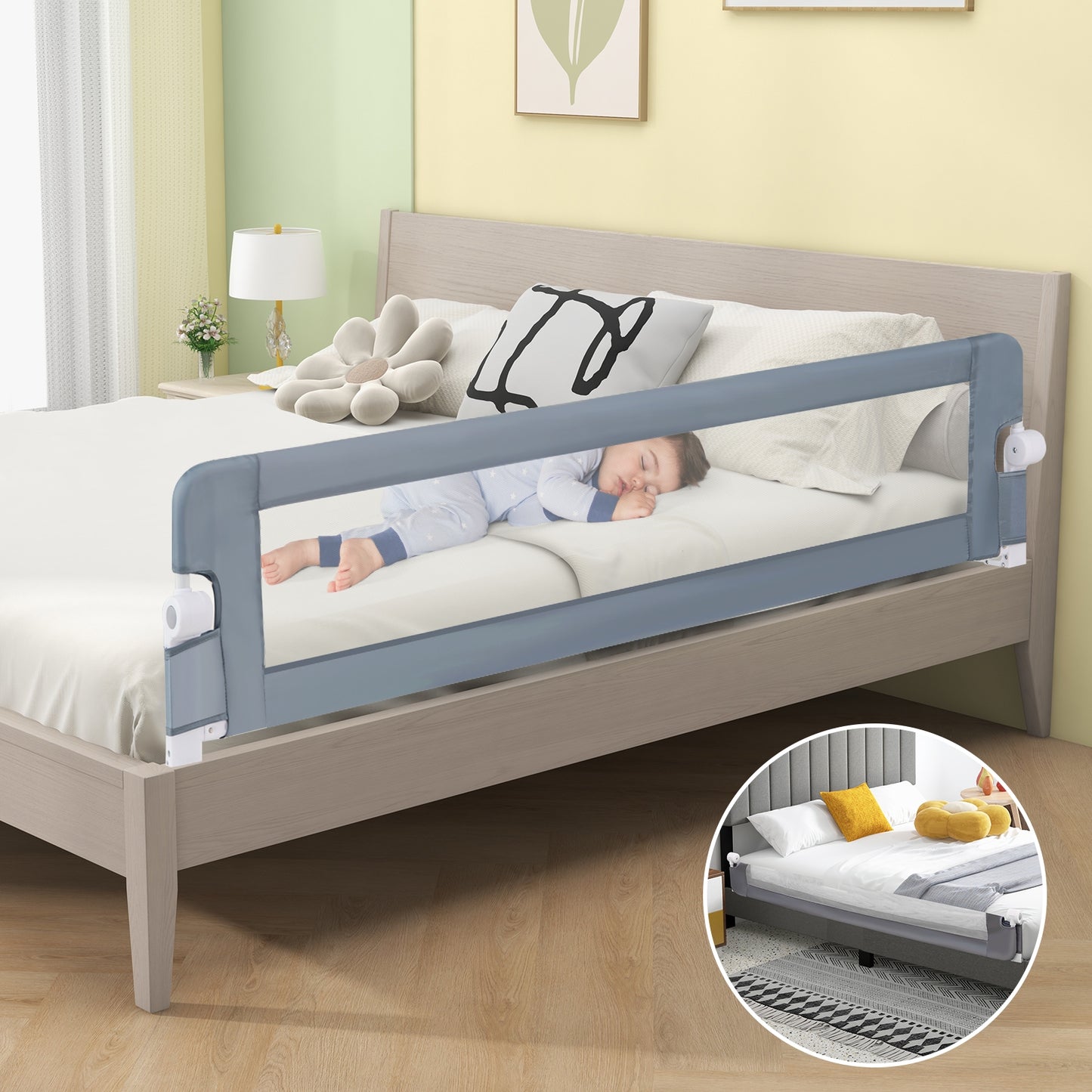 71-Inch Foldable Bed Rail Swing Down Baby Bed Guard Rail with Adjustable Safety Strap-Gray Kids Crystal