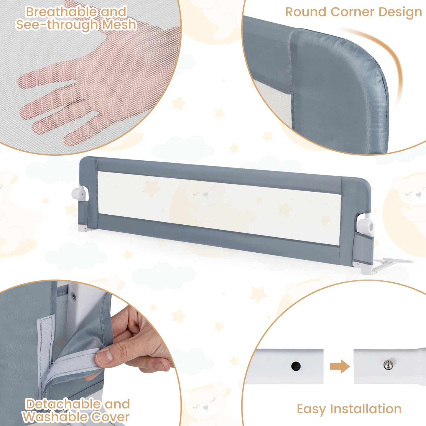 71-Inch Foldable Bed Rail Swing Down Baby Bed Guard Rail with Adjustable Safety Strap-Gray Kids Crystal