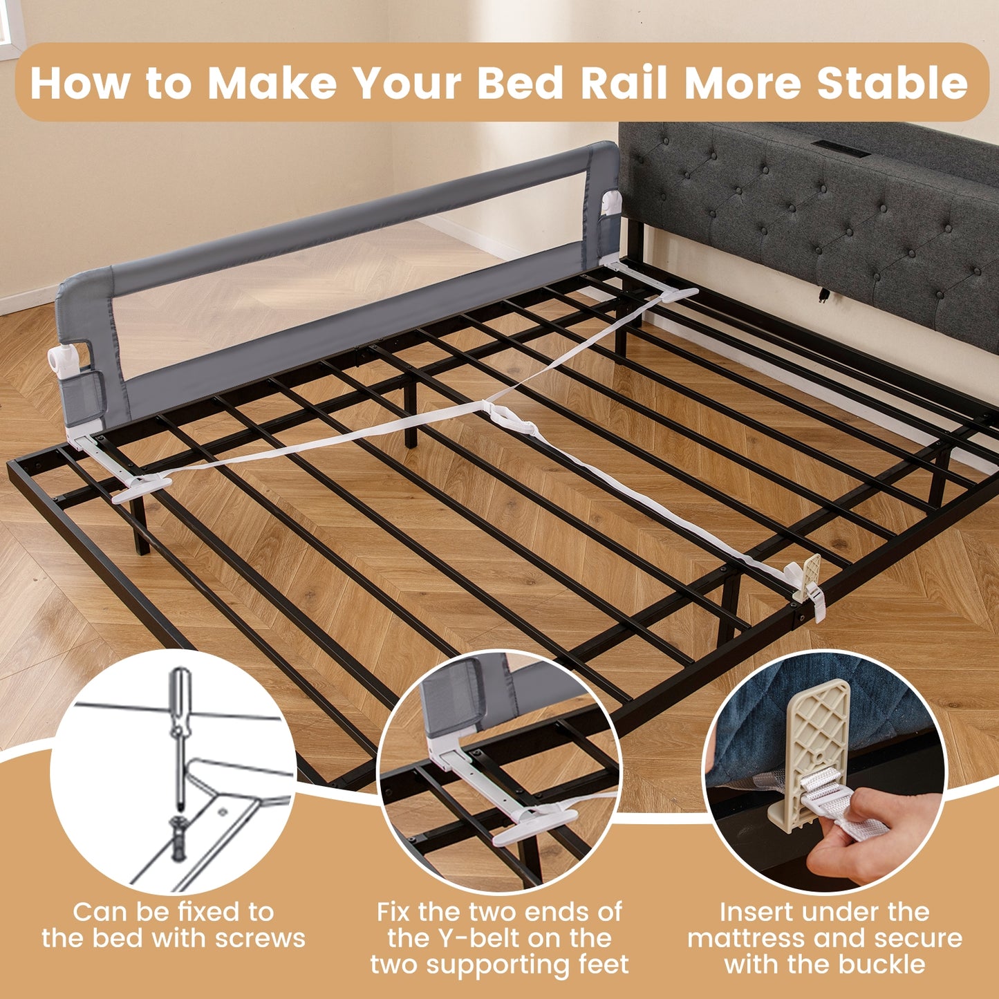 71-Inch Foldable Bed Rail Swing Down Baby Bed Guard Rail with Adjustable Safety Strap-Gray Kids Crystal