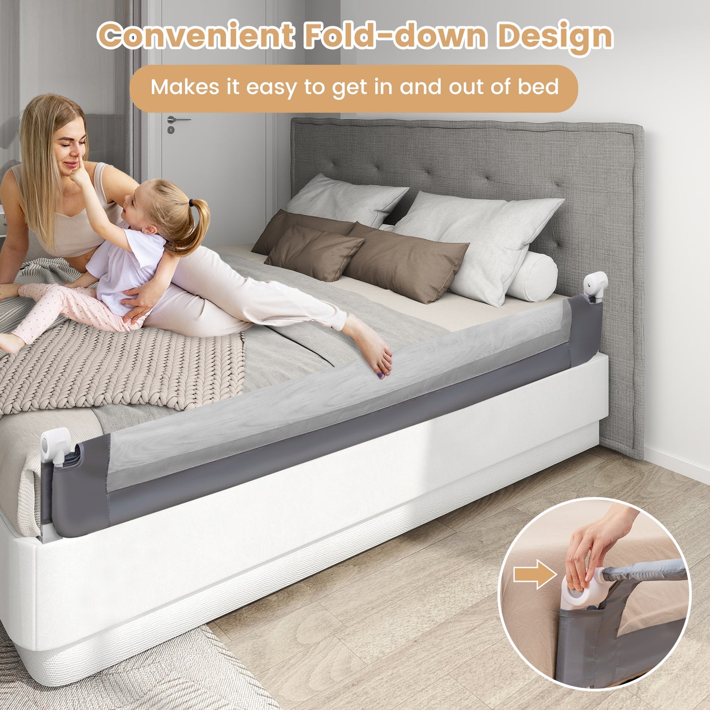 71-Inch Foldable Bed Rail Swing Down Baby Bed Guard Rail with Adjustable Safety Strap-Gray Kids Crystal