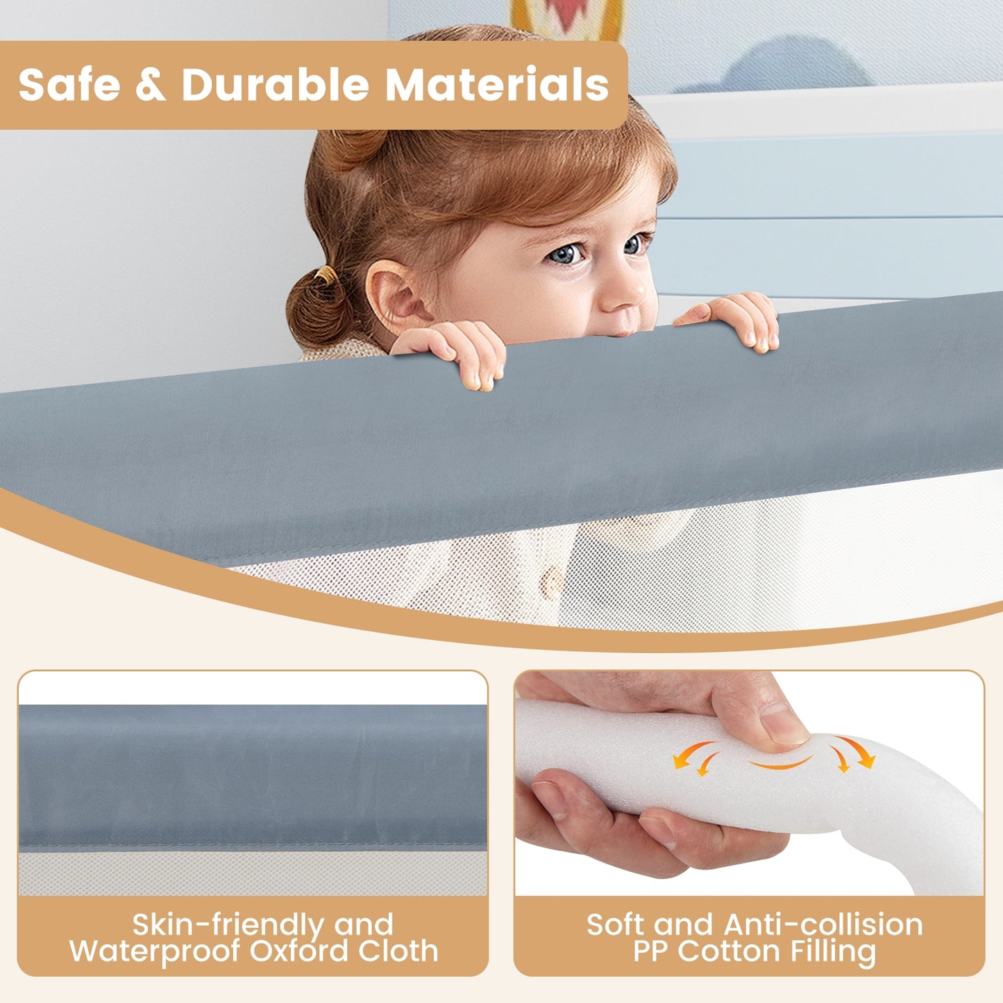 71-Inch Foldable Bed Rail Swing Down Baby Bed Guard Rail with Adjustable Safety Strap-Gray Kids Crystal