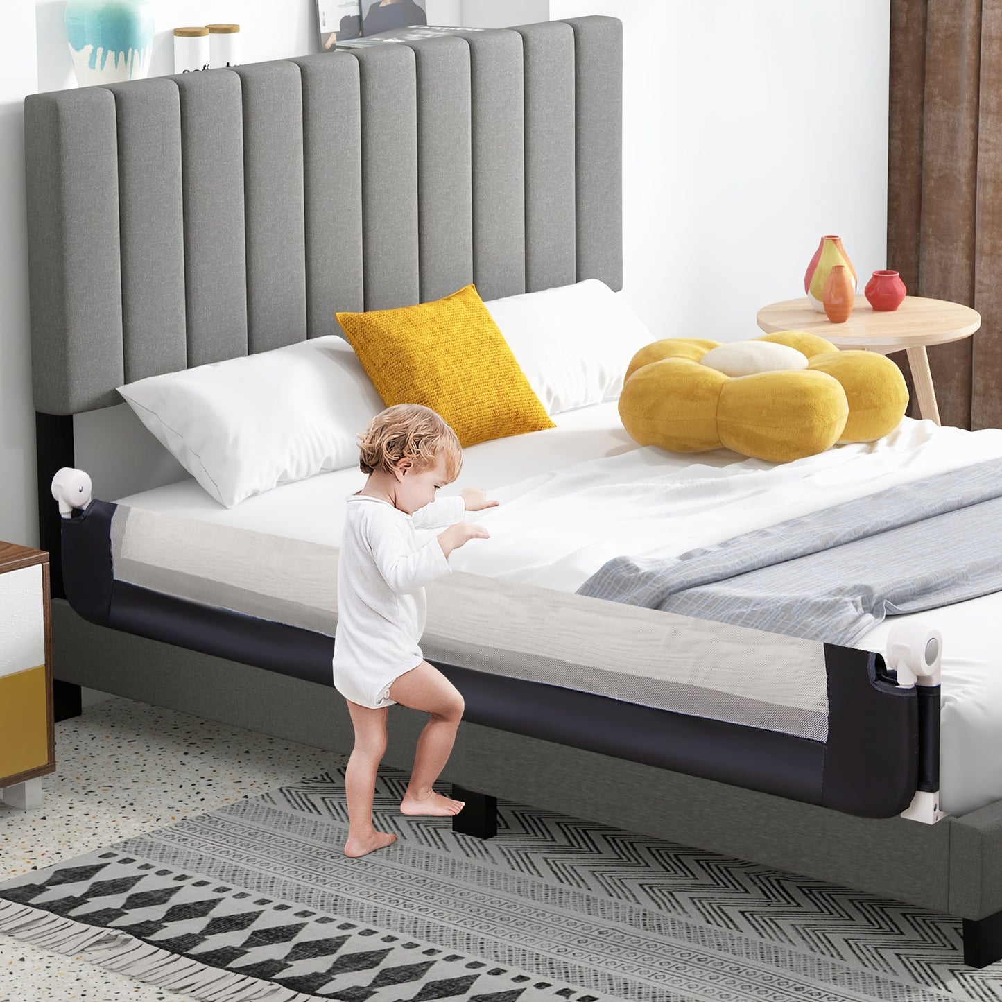 71-Inch Foldable Bed Rail Swing Down Baby Bed Guard Rail with Adjustable Safety Strap-Blue Kids Crystal