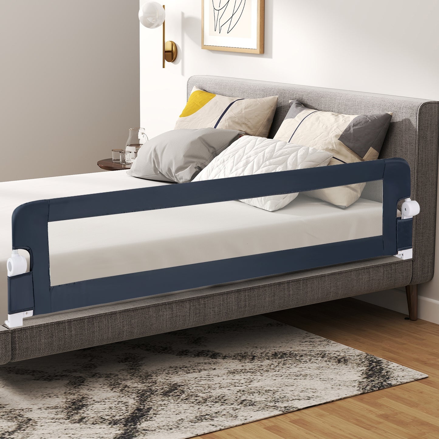 71-Inch Foldable Bed Rail Swing Down Baby Bed Guard Rail with Adjustable Safety Strap-Blue Kids Crystal
