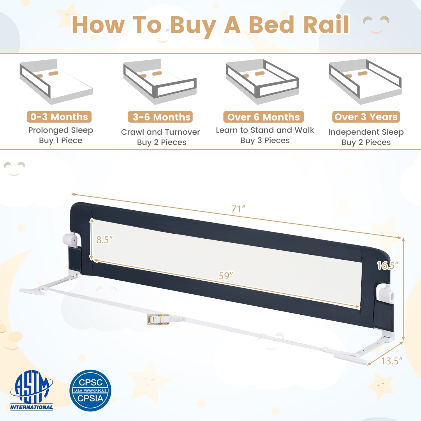 71-Inch Foldable Bed Rail Swing Down Baby Bed Guard Rail with Adjustable Safety Strap-Blue Kids Crystal