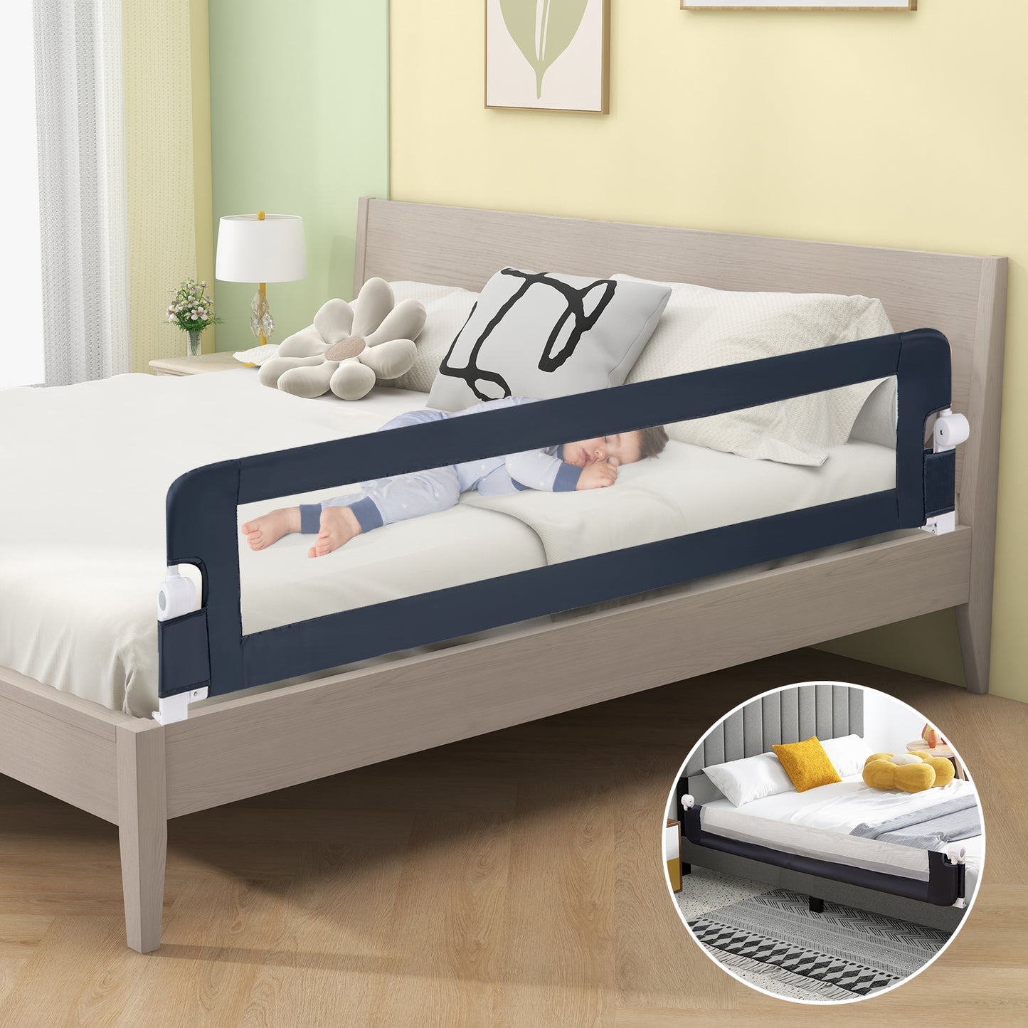 71-Inch Foldable Bed Rail Swing Down Baby Bed Guard Rail with Adjustable Safety Strap-Blue Kids Crystal