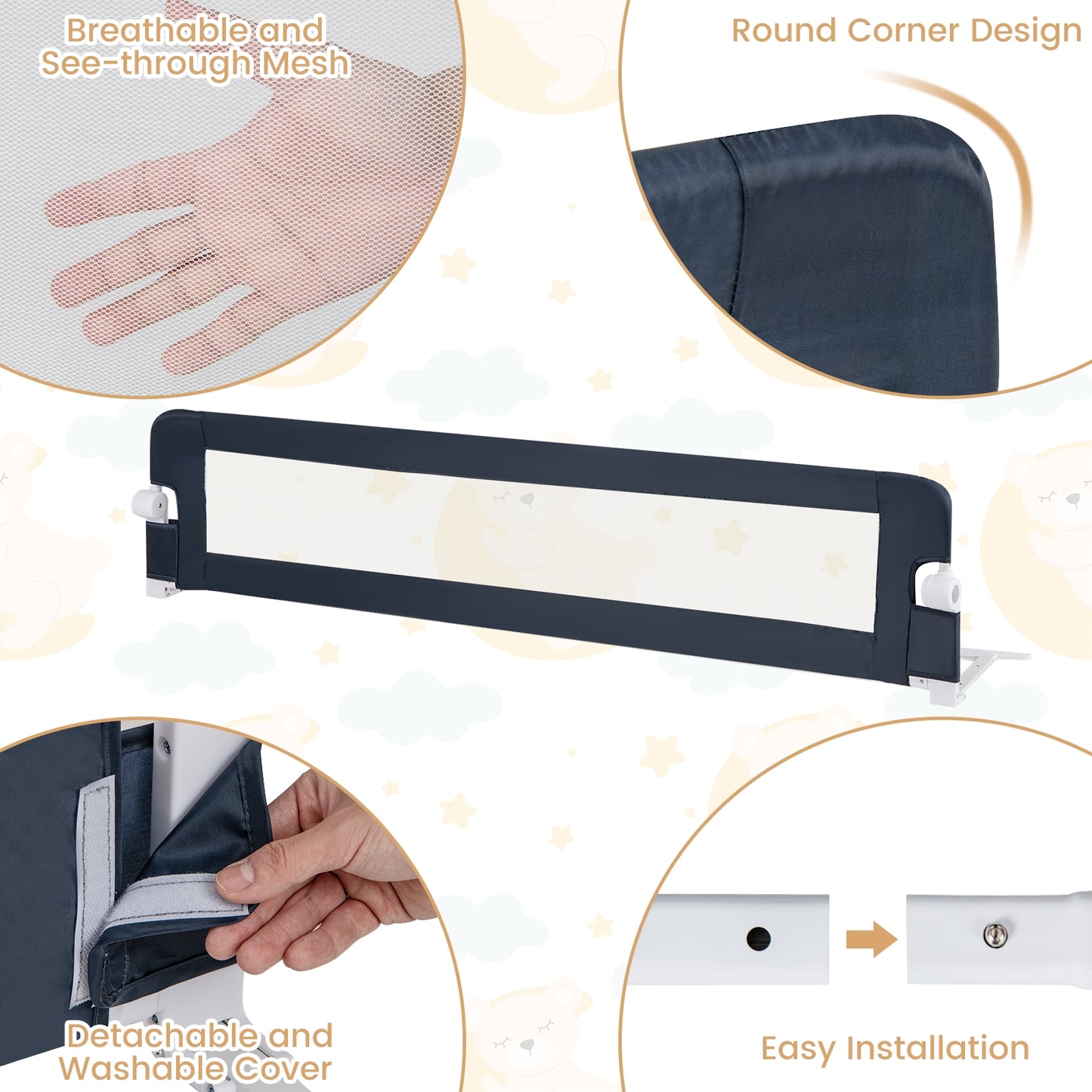 71-Inch Foldable Bed Rail Swing Down Baby Bed Guard Rail with Adjustable Safety Strap-Blue Kids Crystal