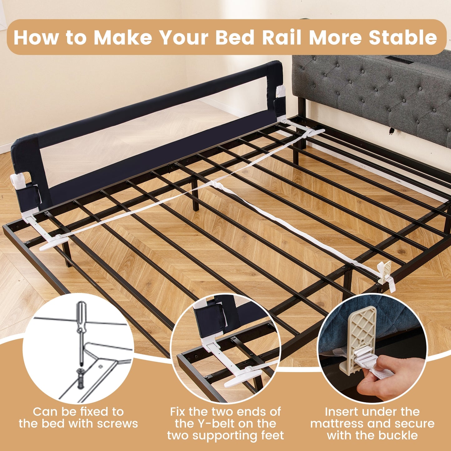 71-Inch Foldable Bed Rail Swing Down Baby Bed Guard Rail with Adjustable Safety Strap-Blue Kids Crystal