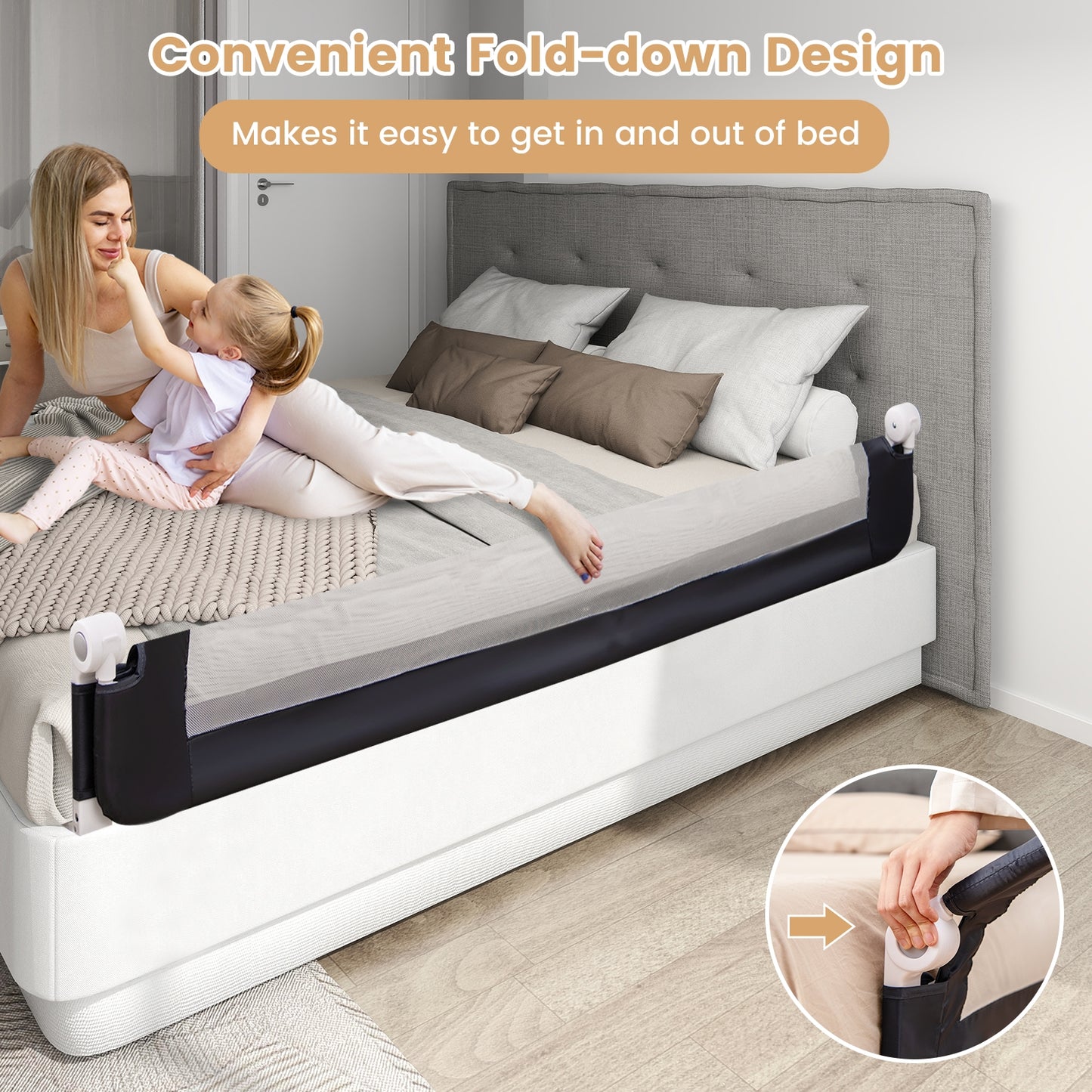 71-Inch Foldable Bed Rail Swing Down Baby Bed Guard Rail with Adjustable Safety Strap-Blue Kids Crystal