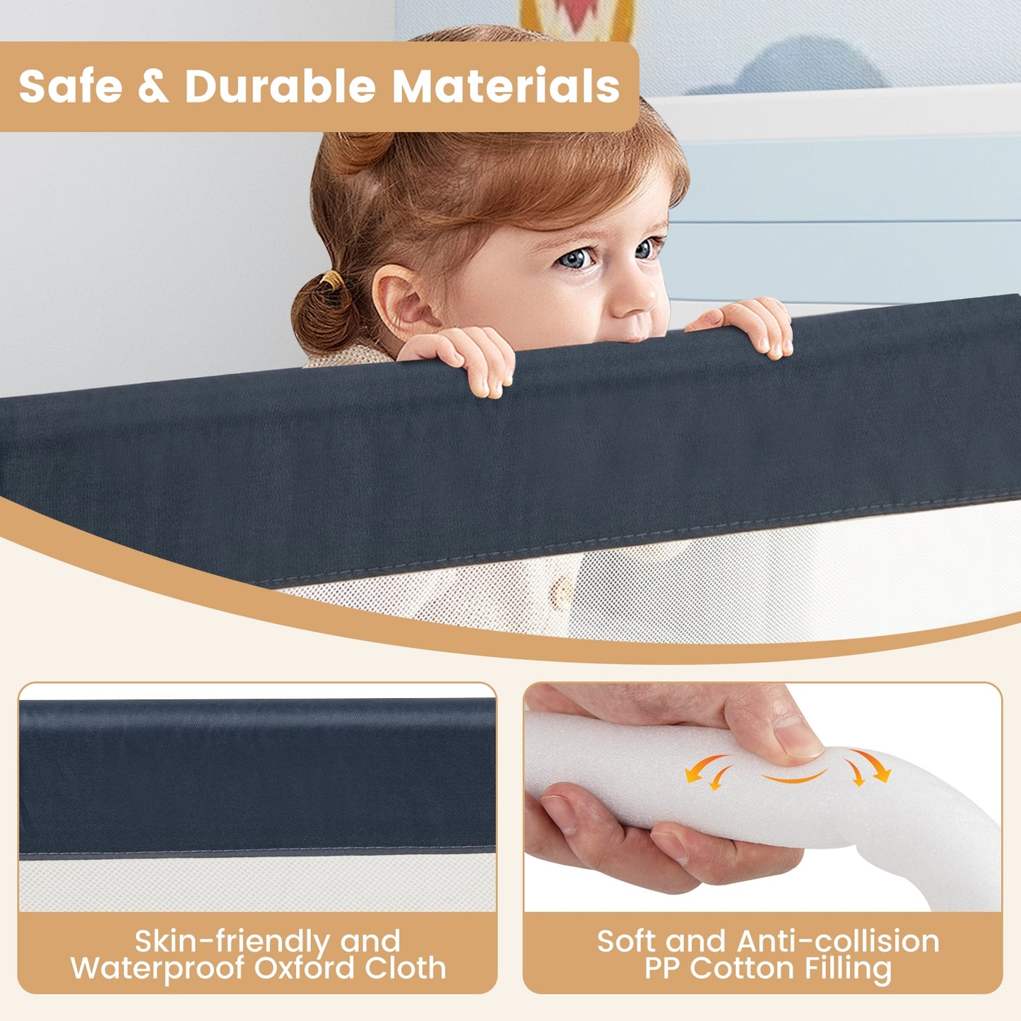 71-Inch Foldable Bed Rail Swing Down Baby Bed Guard Rail with Adjustable Safety Strap-Blue Kids Crystal