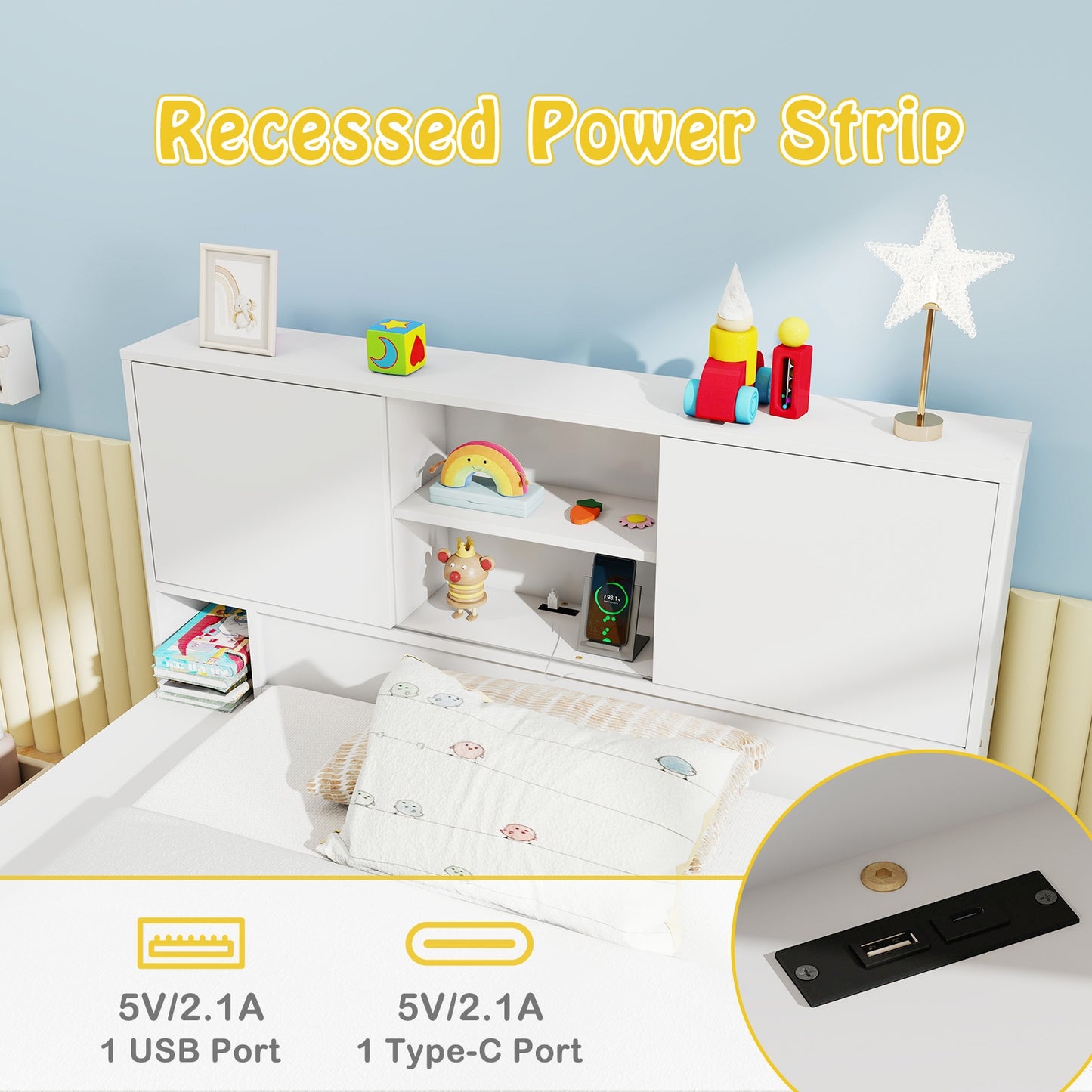 Twin Size Bed Frame with Trundle and Power Outlets-White Kids Crystal